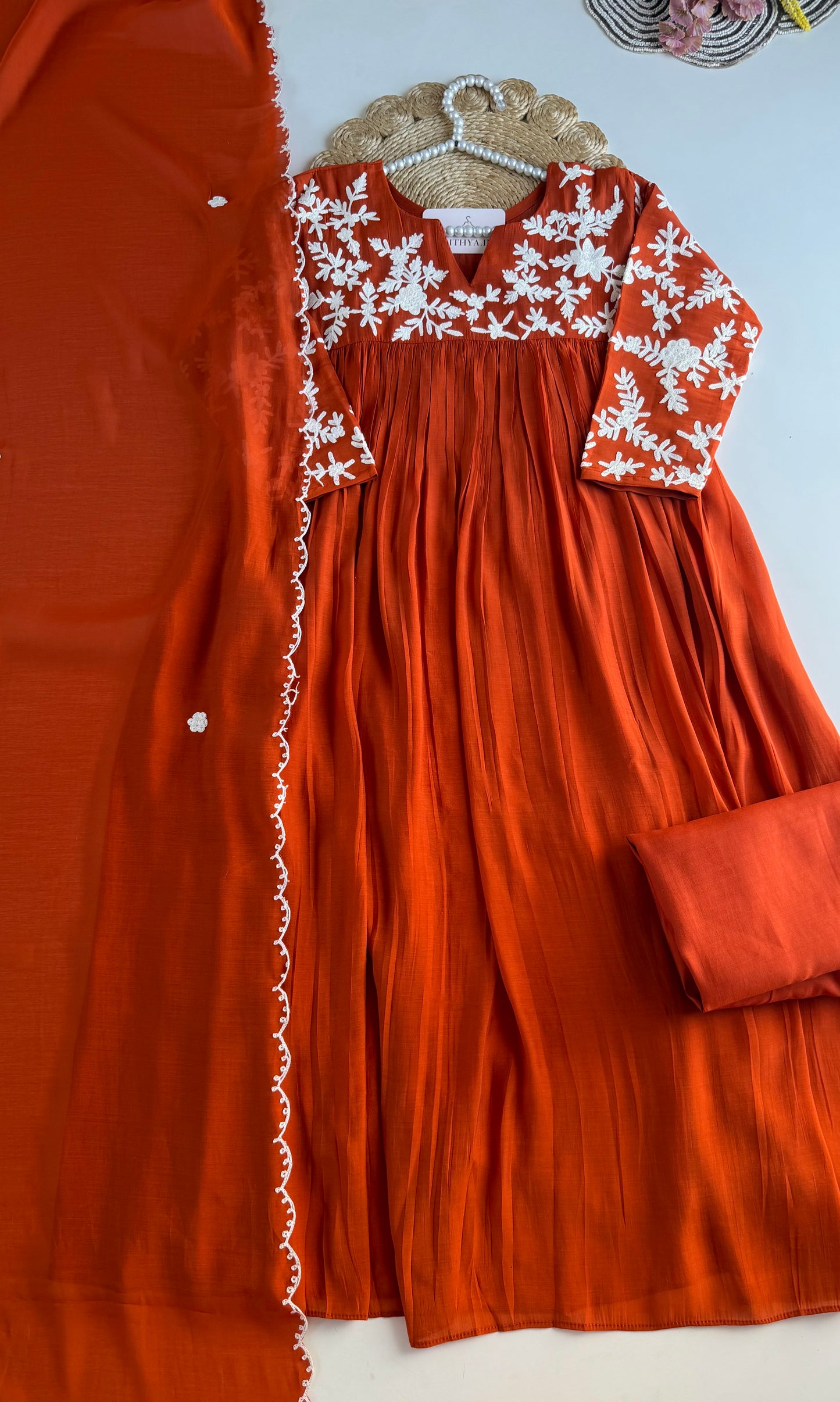 K685 - Mul chanderi embroidered Anarkali with pants and dupatta