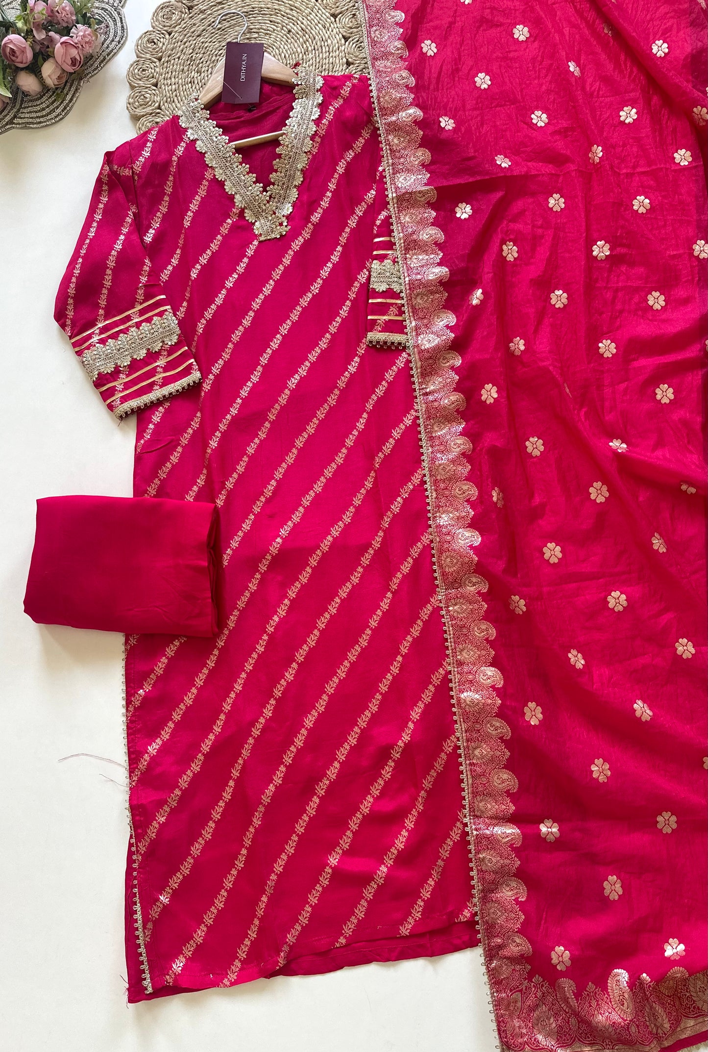 K318 - Jacquard silk Collar neck straight kurti with pants and dupatta.