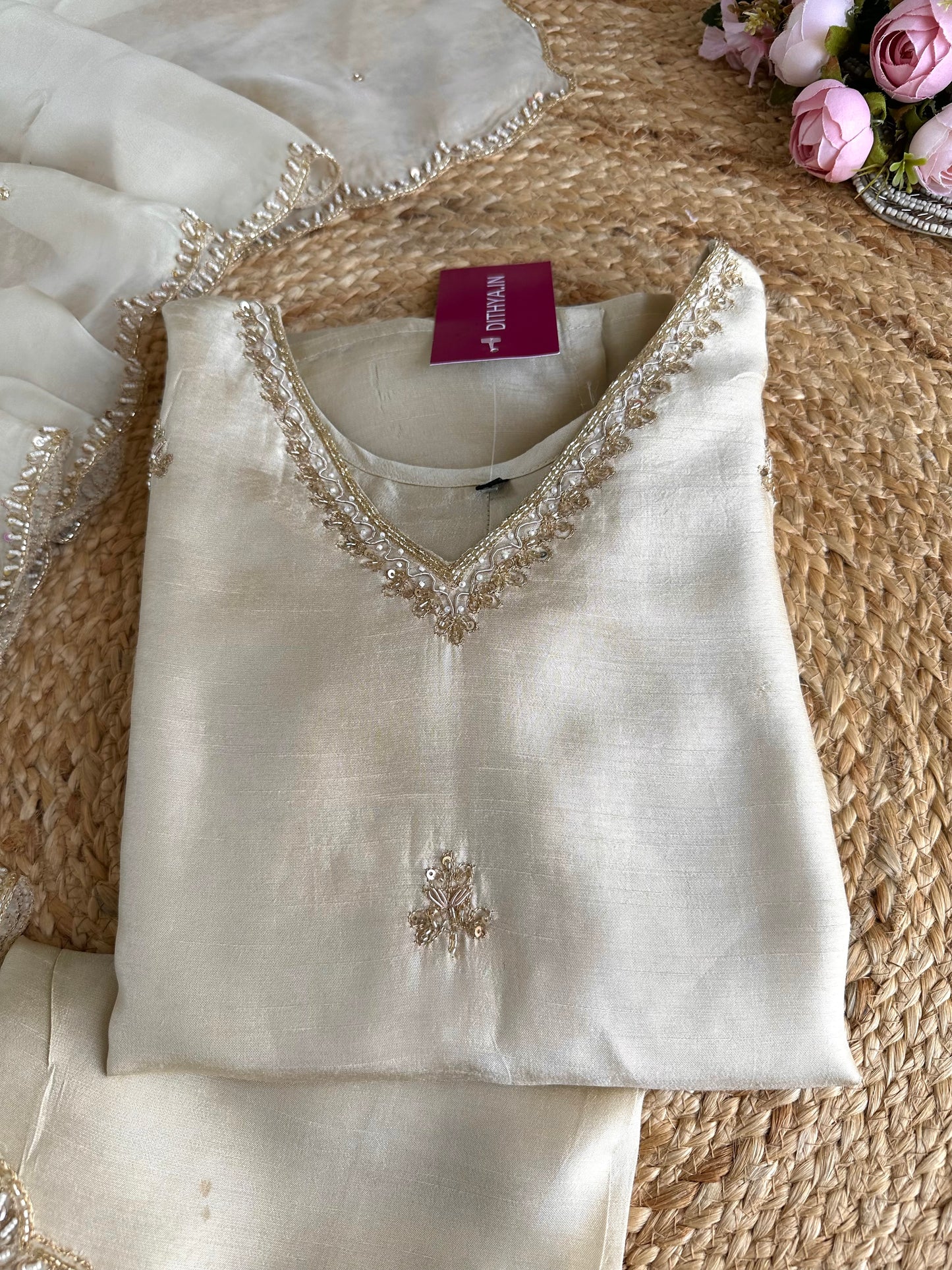 K415 - Russian silk handwork straight Kurti with pants and dupatta