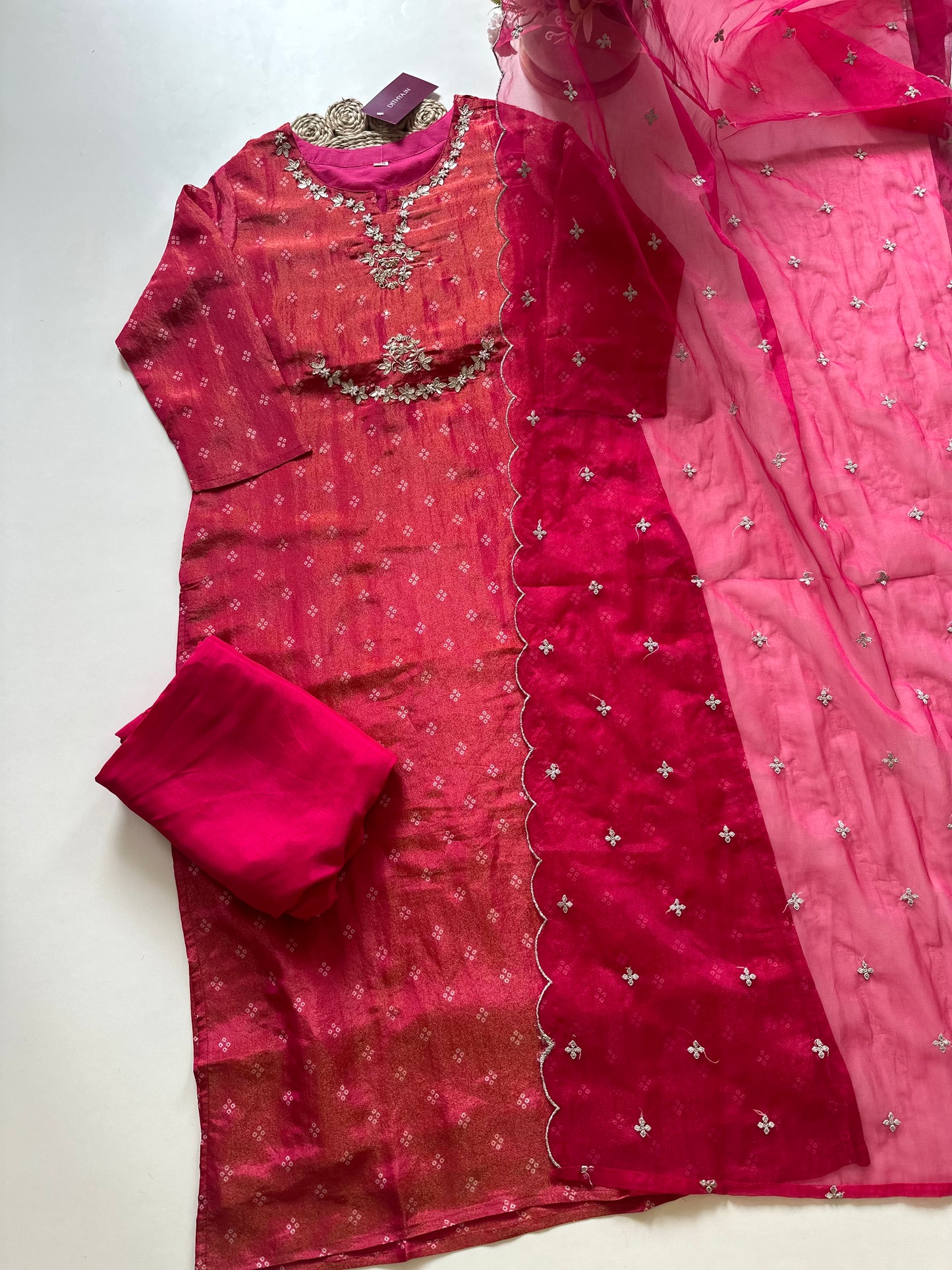 K159 - Tissue silk Gota straight kurti with pants and organza dupatta .