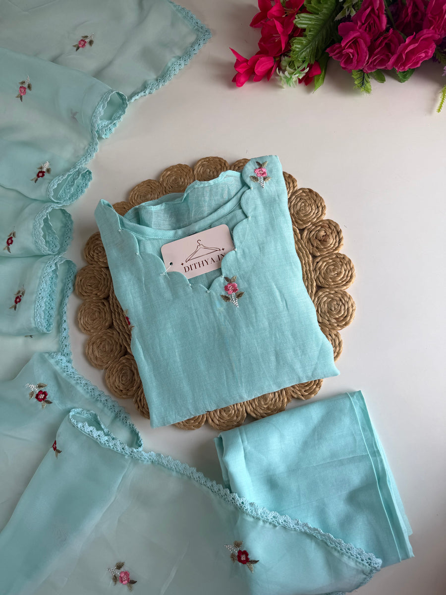 K631 - Mul chanderi intricate embroidery Aline Kurti with pants and dupatta