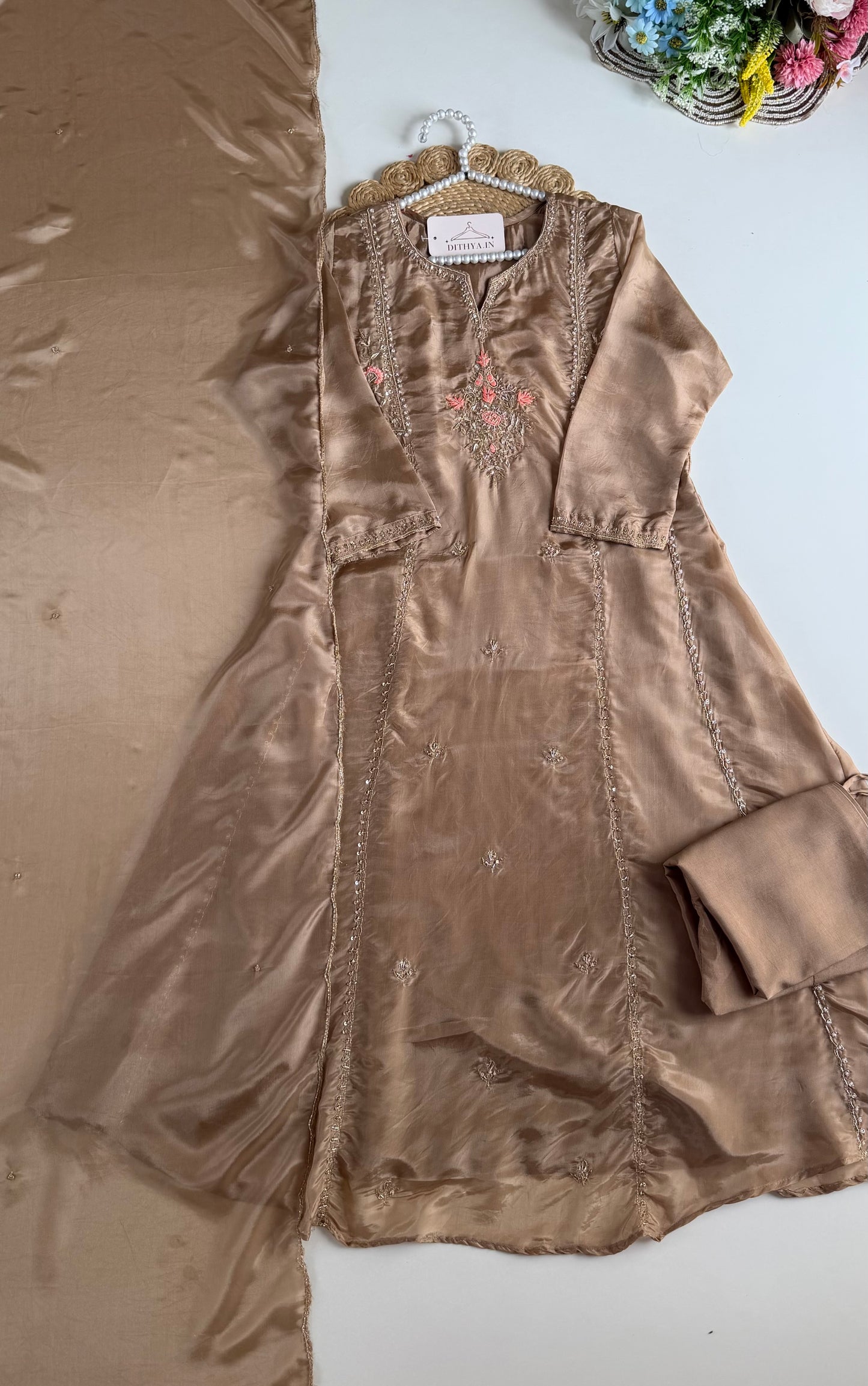 K653 - Tissue silk handwork Anarkali with pants and dupatta