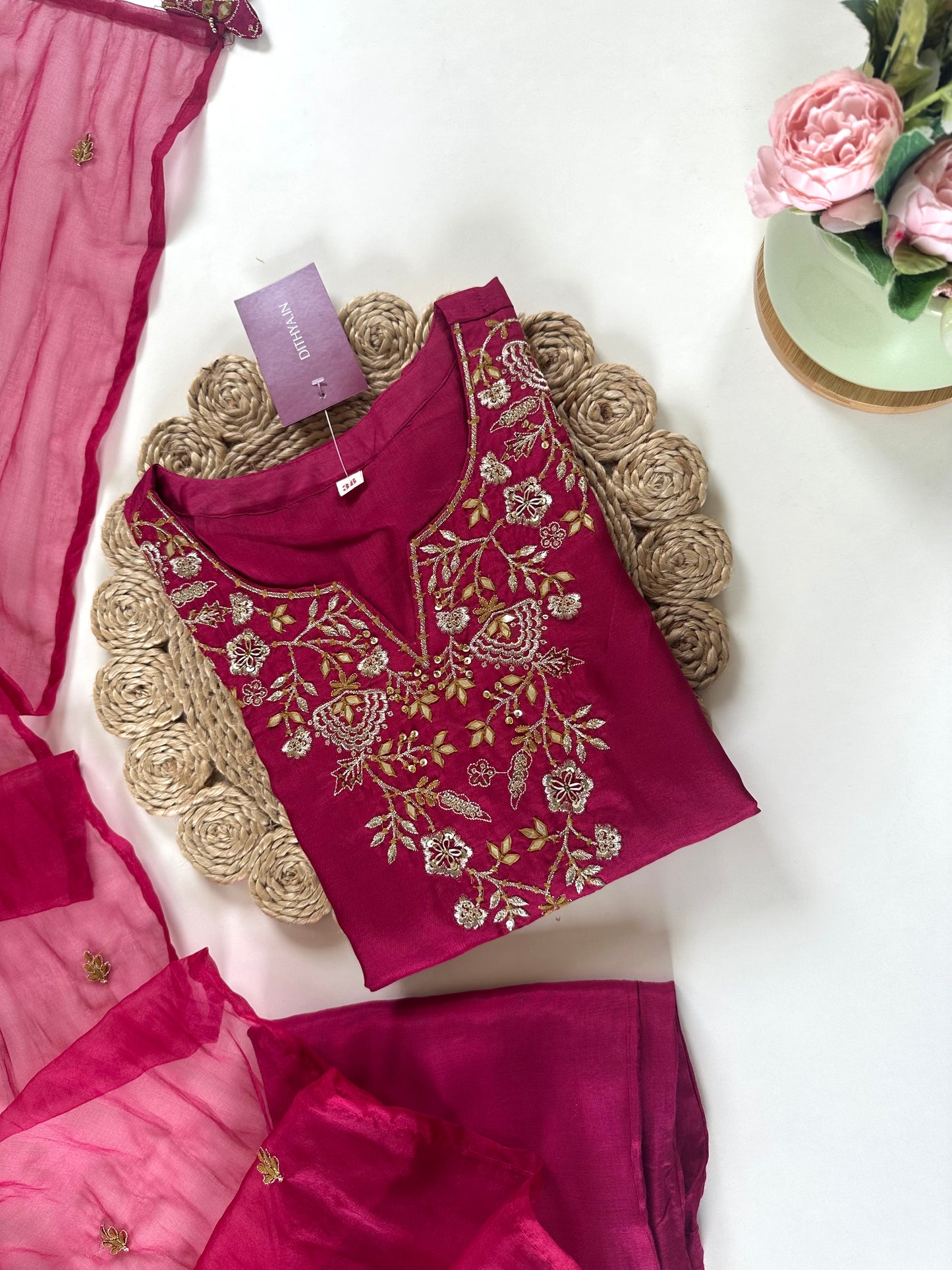 K068 - Mul Chanderi Handwork straight kurti with straight pants and dupatta .