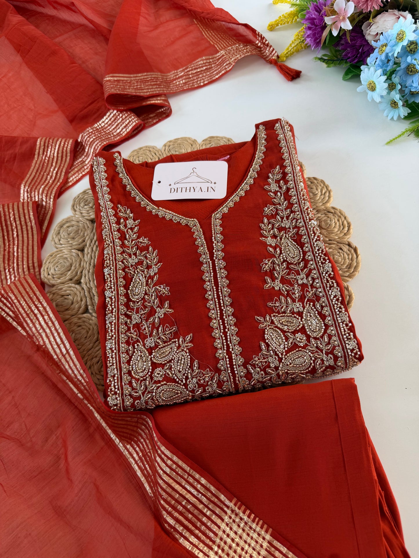 K634 - Muslin silk embroidered Anarkali with pants and dupatta