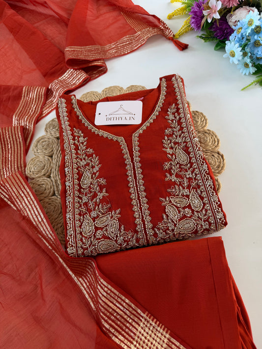 K634 - Muslin silk embroidered Anarkali with pants and dupatta