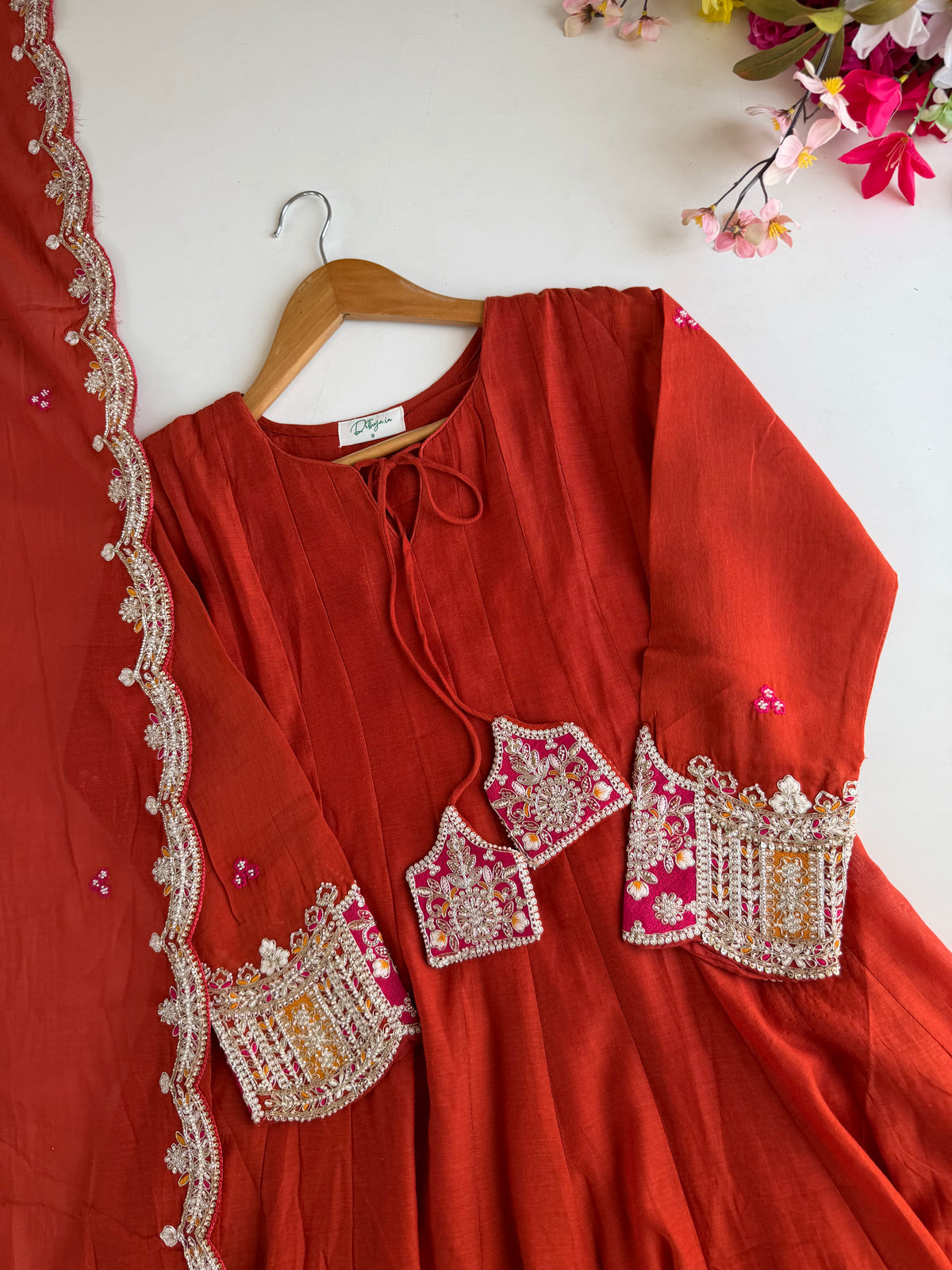 K715 - Surat Mul chanderi handwork Anarkali with pants and dupatta