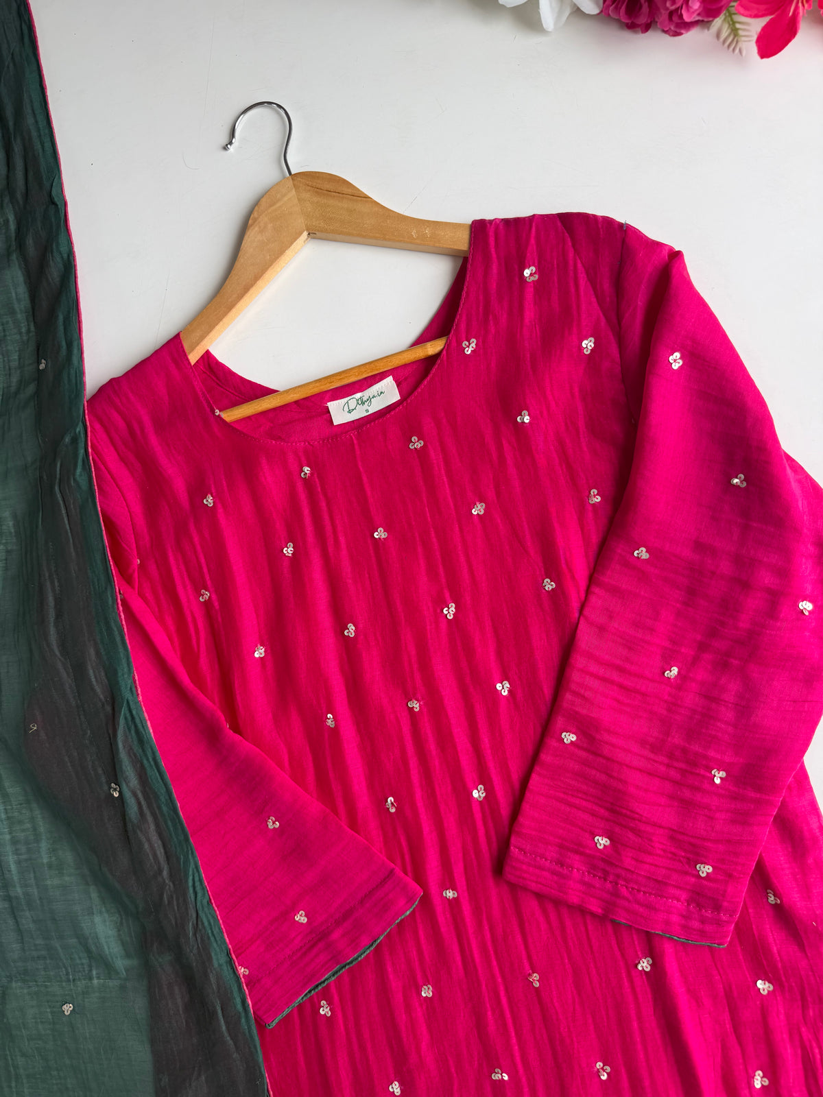 K345 - Mul chanderi handwork aline Kurti with pants and dupatta in 2 colours