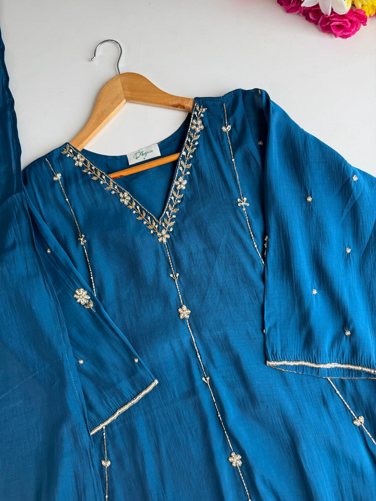 K690 - Surat mul chanderi handwork aline Kurti with pants and dupatta