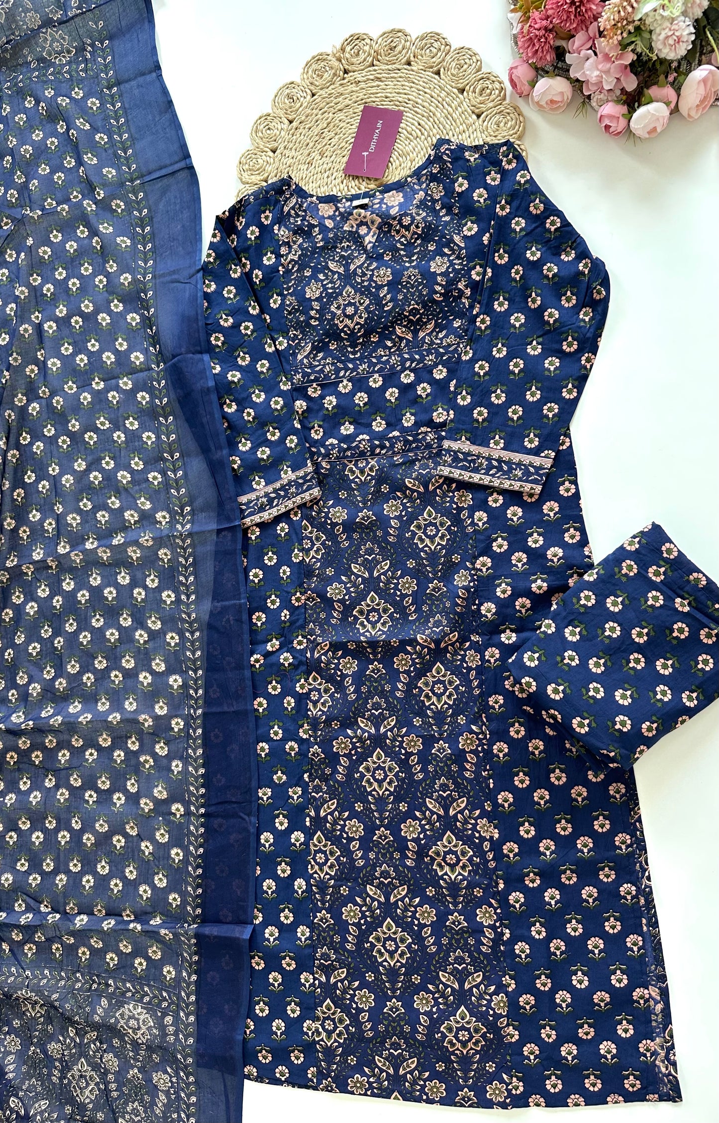 K201 - Cotton printed Straight Kurti with pants and dupatta in 2 colours