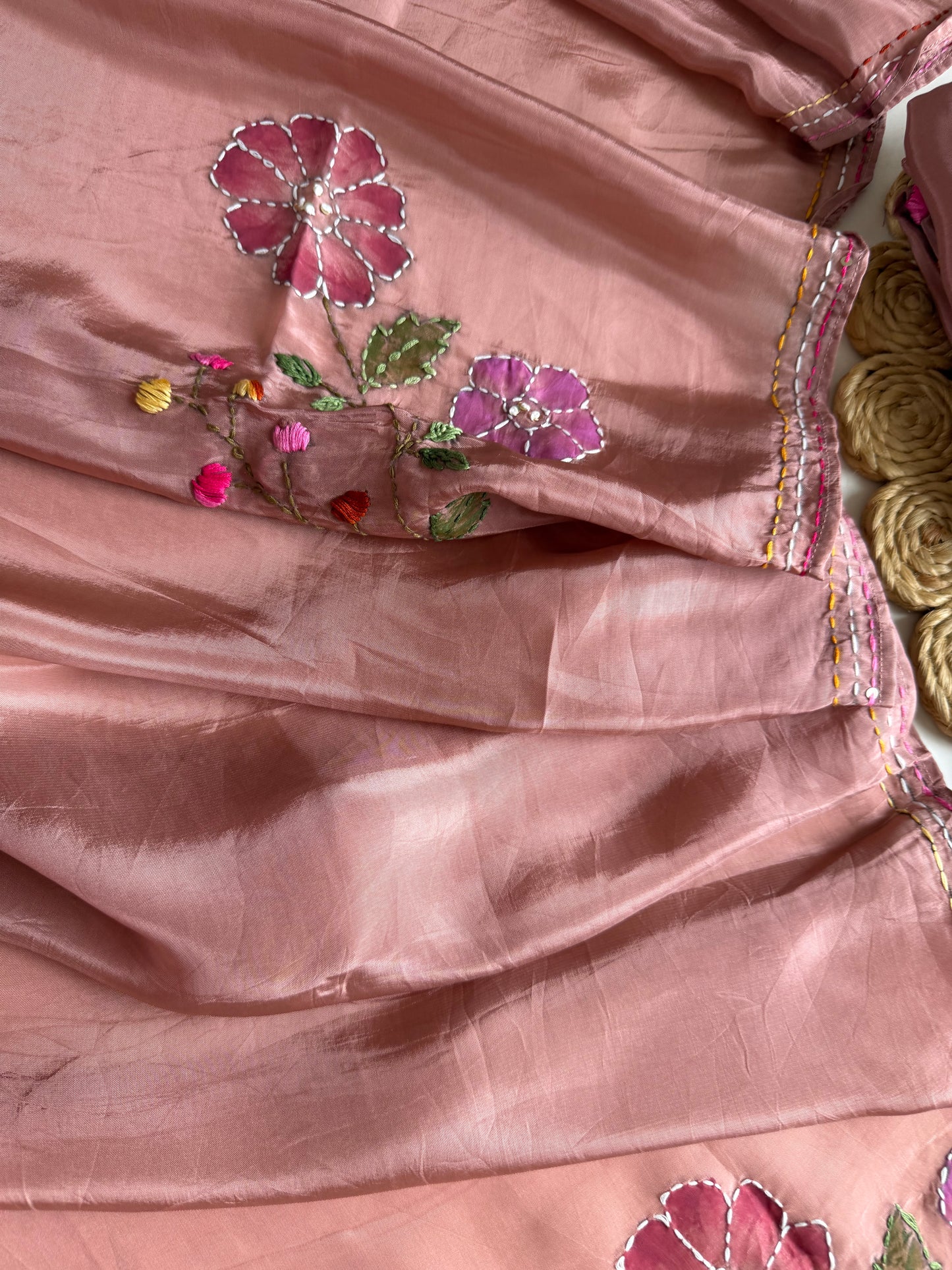 K644 - Pure crape embroidered Aline Kurti with pants and dupatta