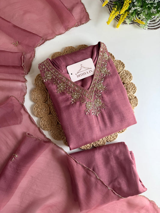 K661 - Russian silk handwork aline Kurti with pants and dupatta