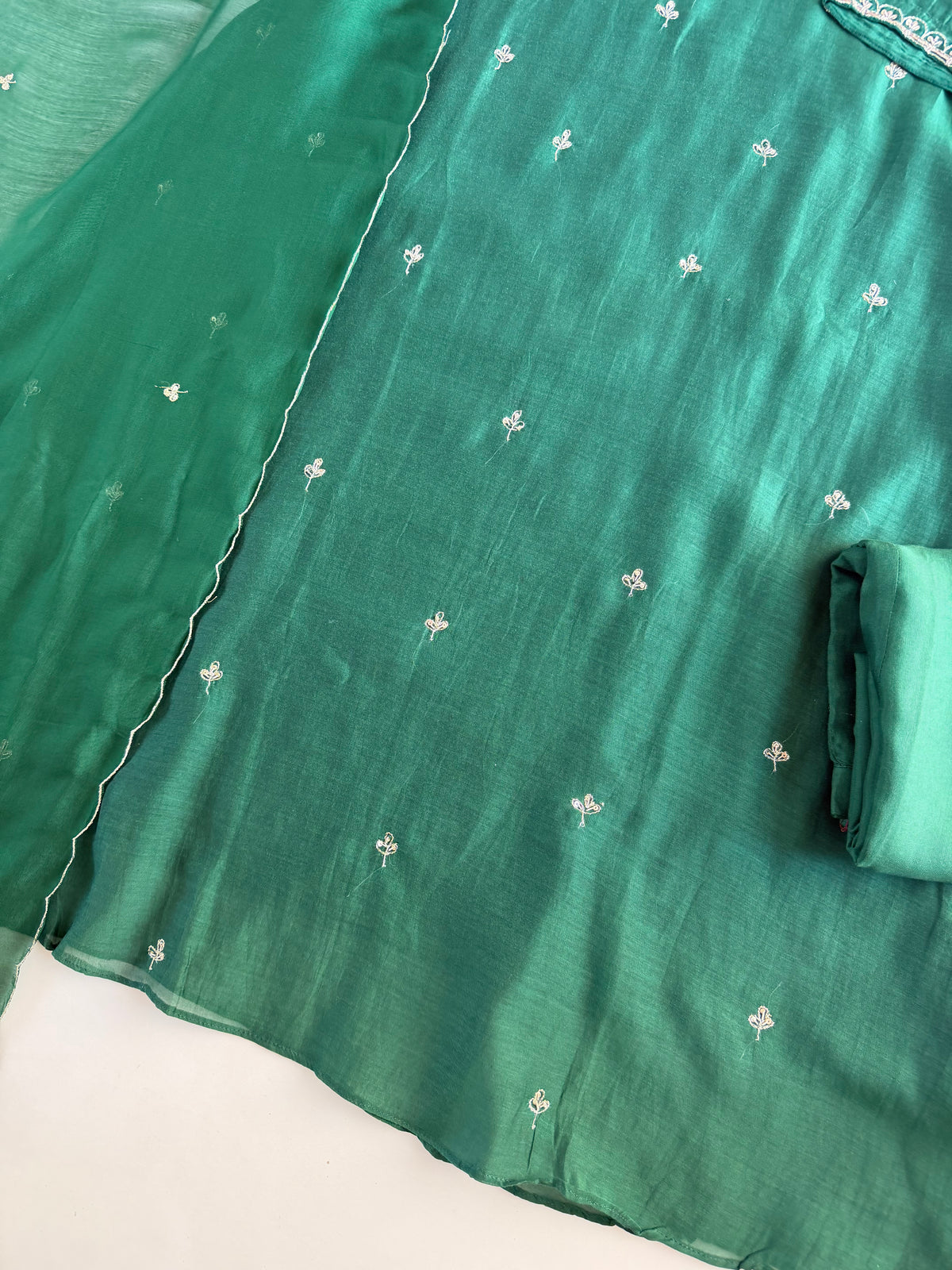 K691 - Banarasi Mul chanderi handwork Aline Kurti with pants and dupatta