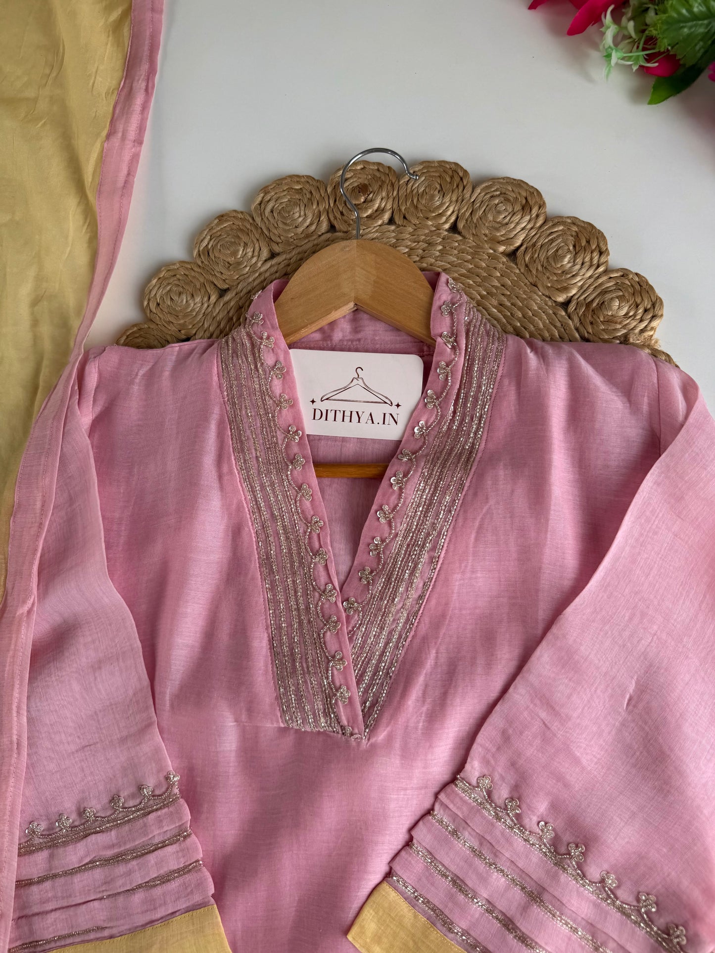 K734 - Mul chanderi handwork aline Kurti with pants and dupatta