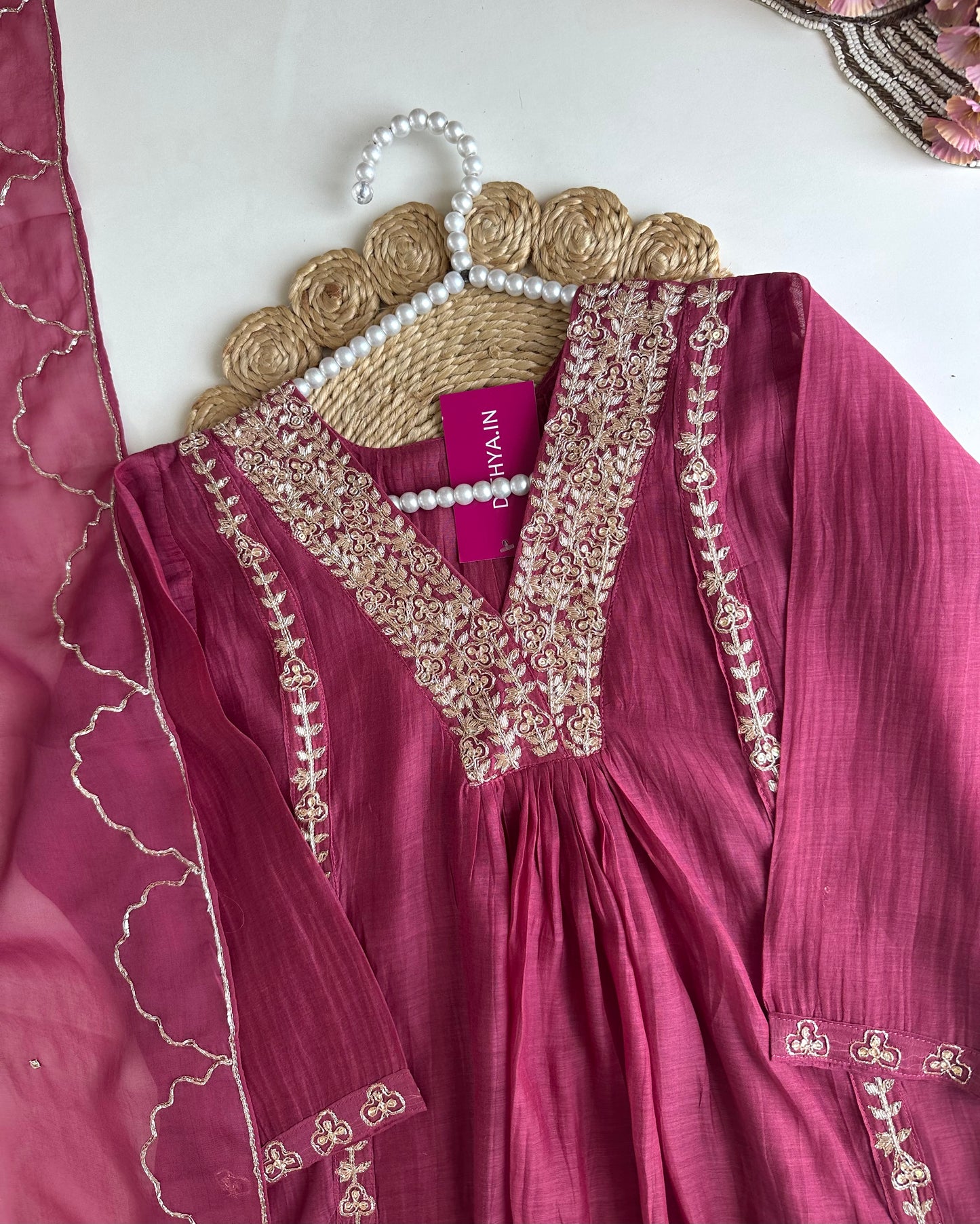K165 - Mul Chanderi handwork Aline Kurti with pants and dupatta
