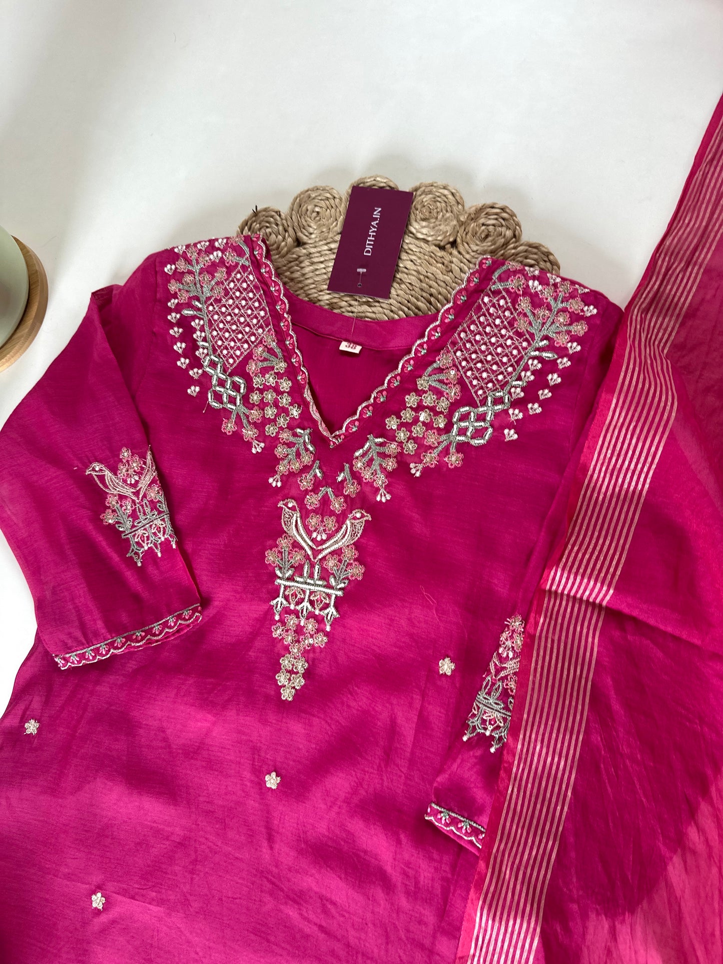 K044 - Handwork Mul Chanderi straight kurti with pants and dupatta .