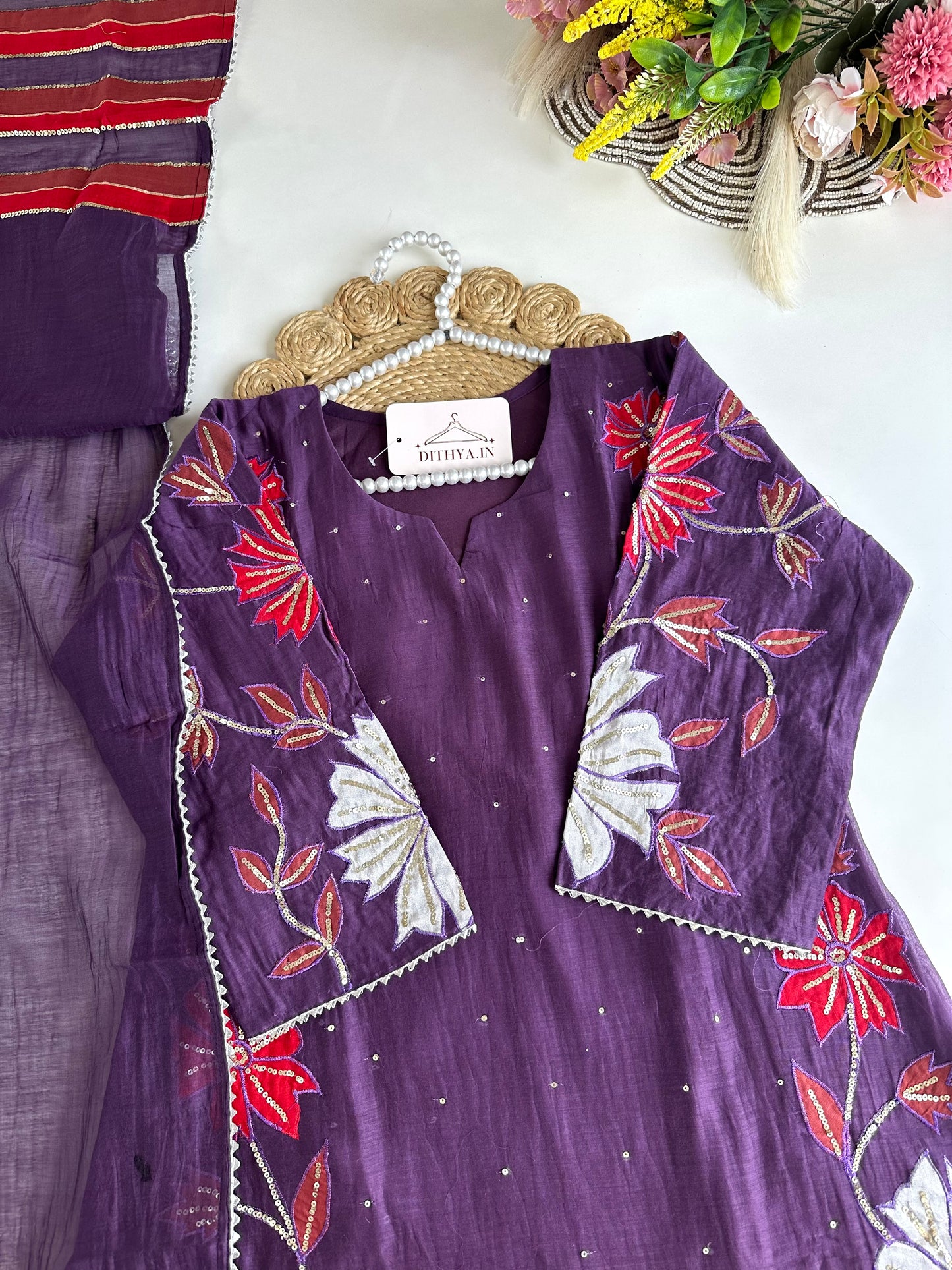 K484 - Mul Chanderi handwork Aline Kurti with pants and dupatta