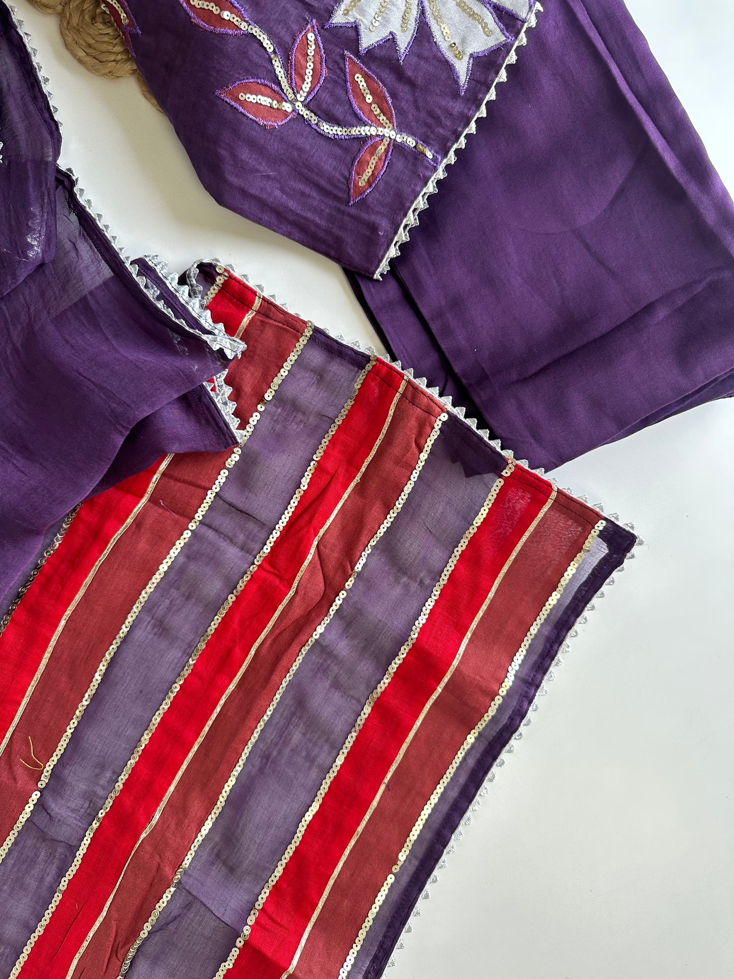 K484 - Mul Chanderi handwork Aline Kurti with pants and dupatta