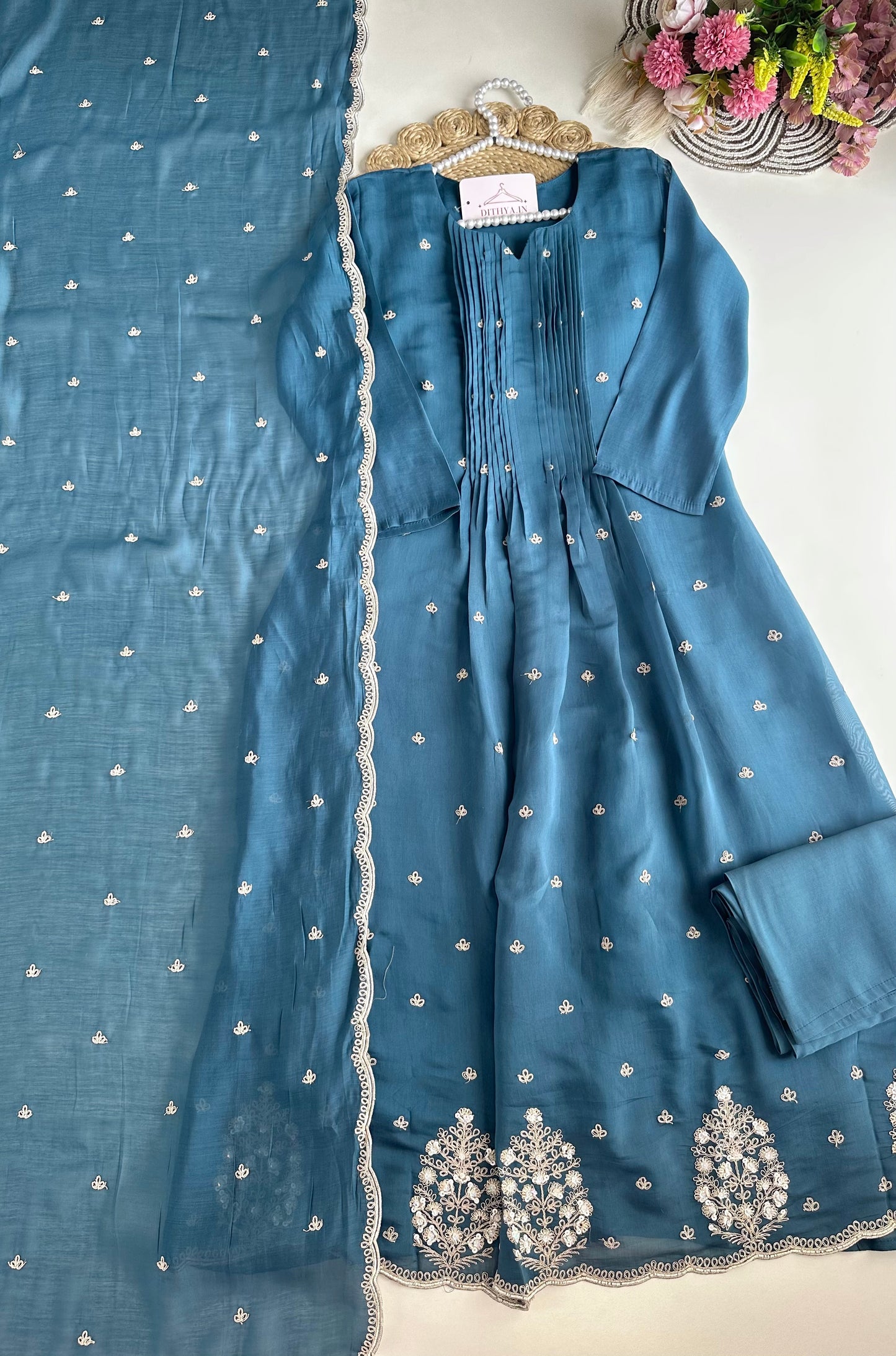 K487 - Mul Chanderi handwork Anarkali with pants and dupatta