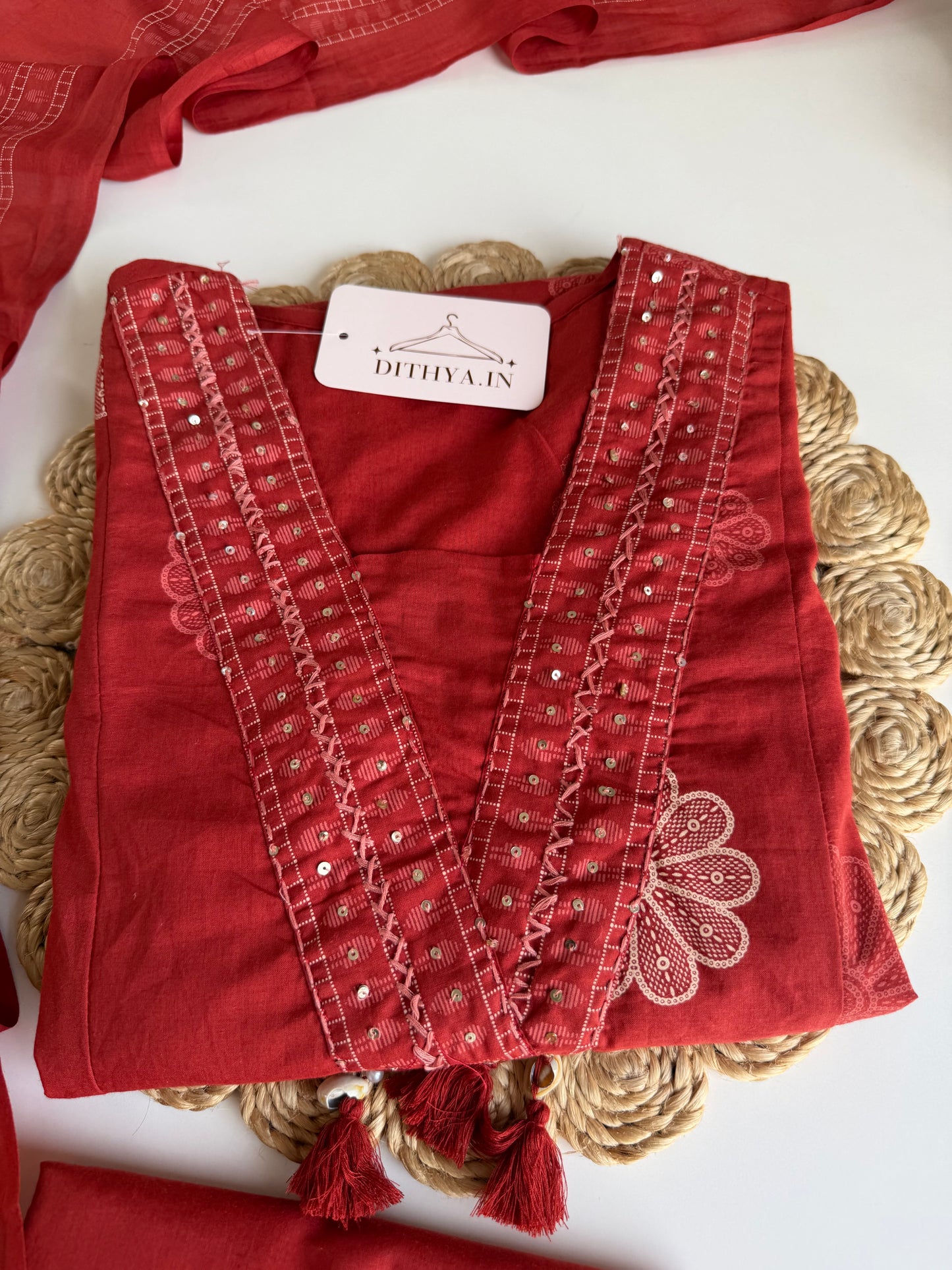 K657 - Mul cotton embroidered Aline Kurti with pants and dupatta in 2 colours