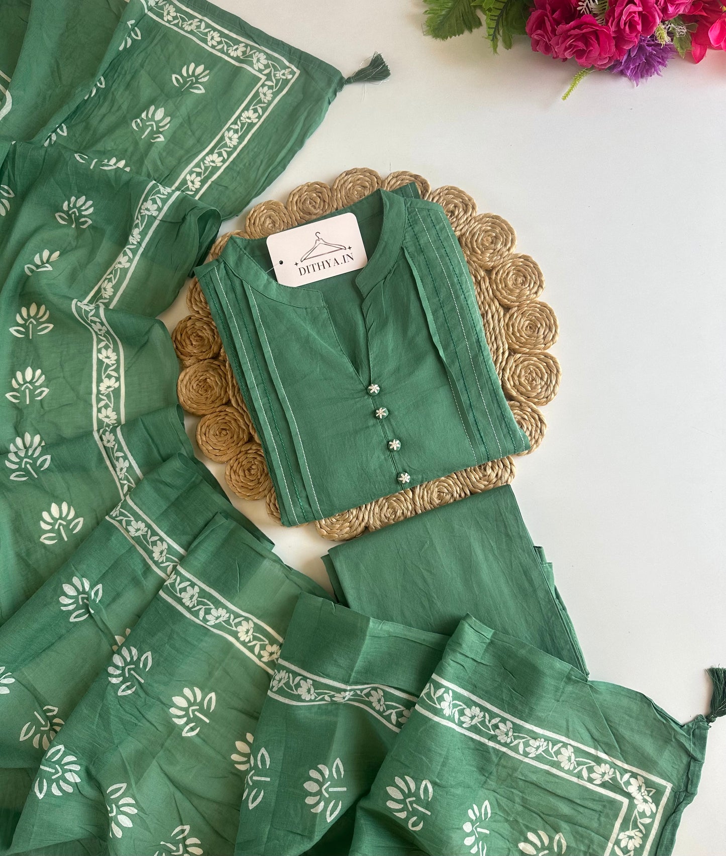 K213 - Mul cotton embroidered Aline Kurti with pants and dupatta