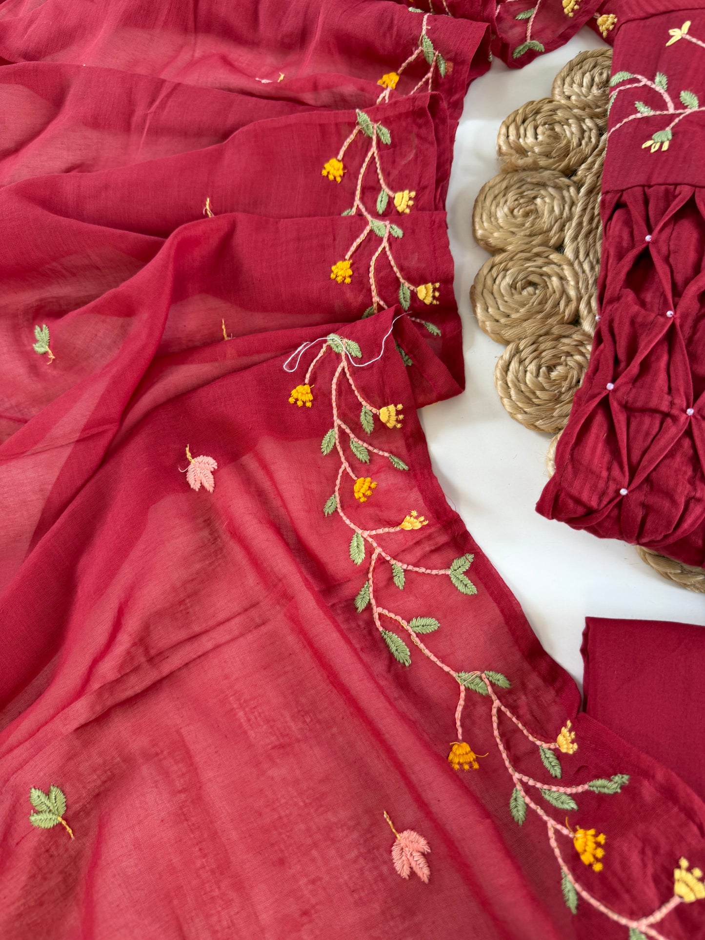 K620 - Mul cotton embroidered Aline Kurti with pants and dupatta