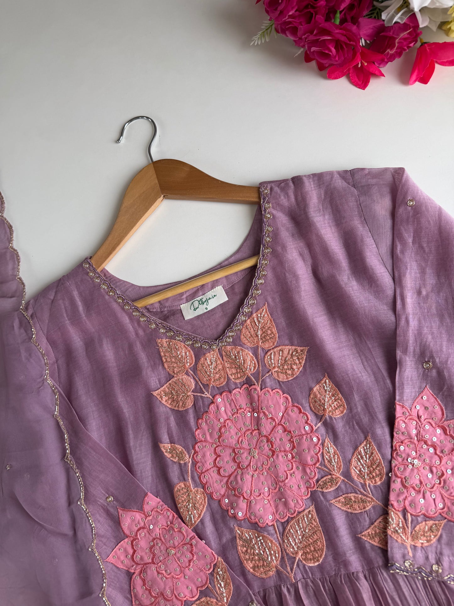 K257 - Mul chanderi handwork Anarkali with pants and dupatta