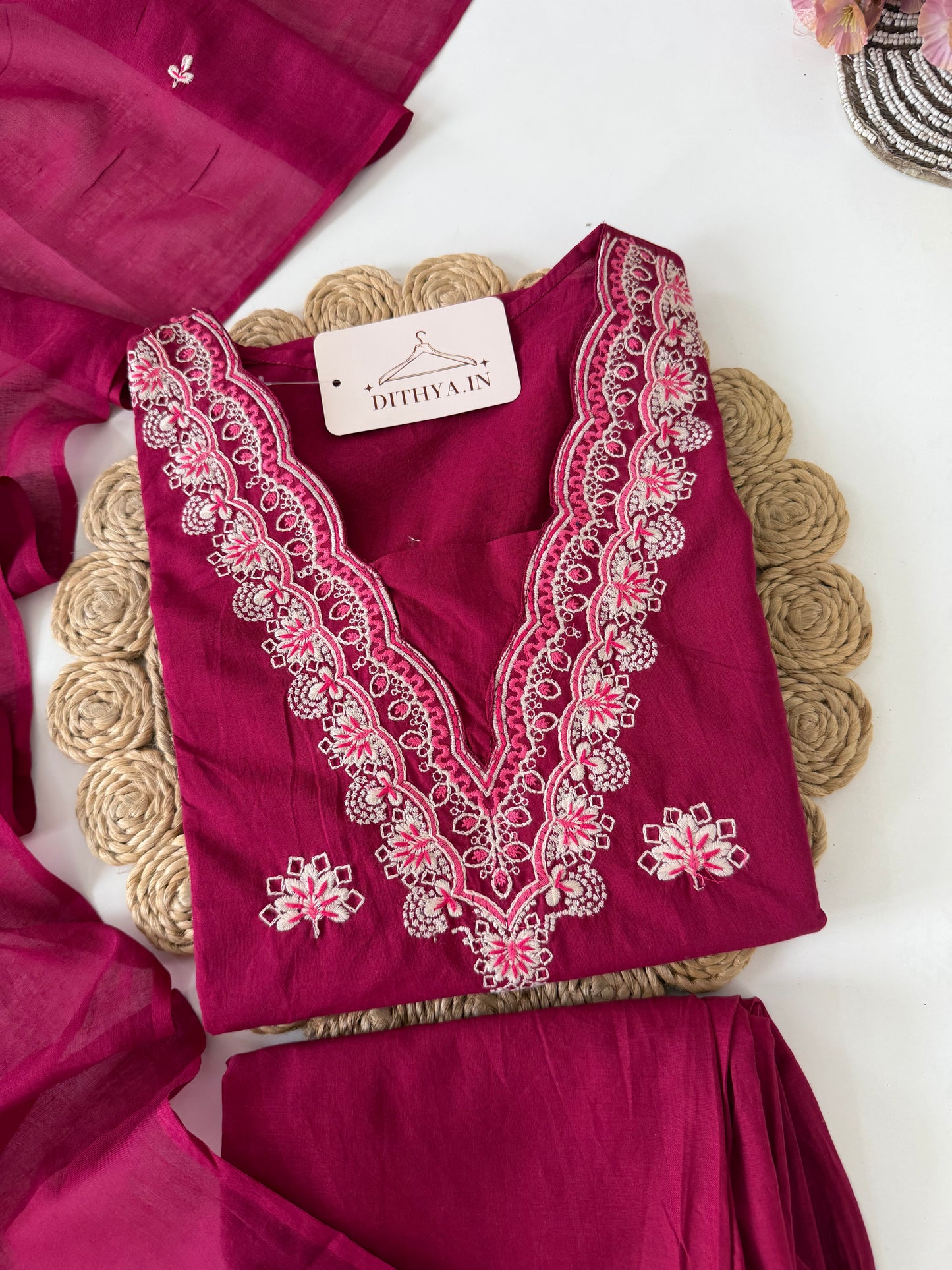 K434 - Mul cotton embroidered Aline Kurti with pants and dupatta