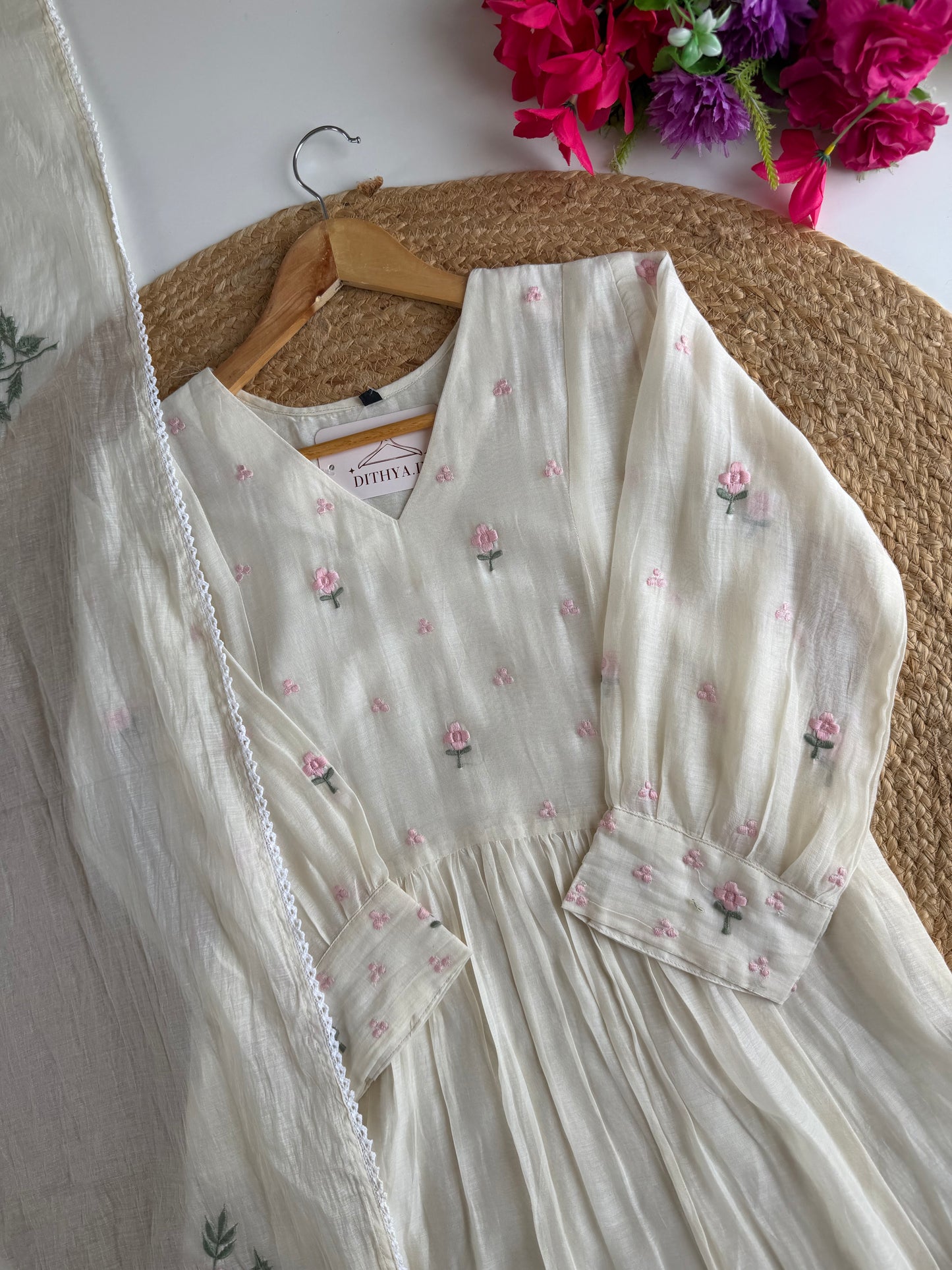 K424 - Mul chanderi embroidered Anarkali with pants and dupatta