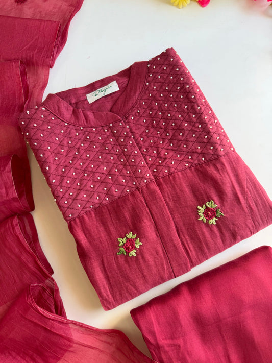 K086 - Mul chanderi embroidered Aline Kurti with pants and dupatta
