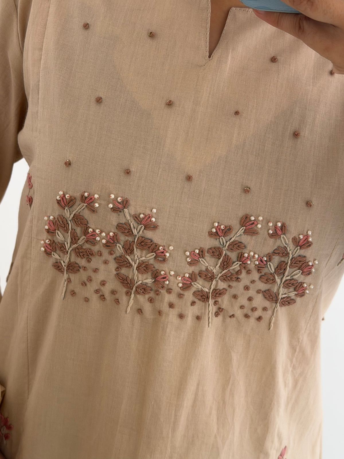 K381 - Mul cotton embroidered straight Kurti with pants and dupatta