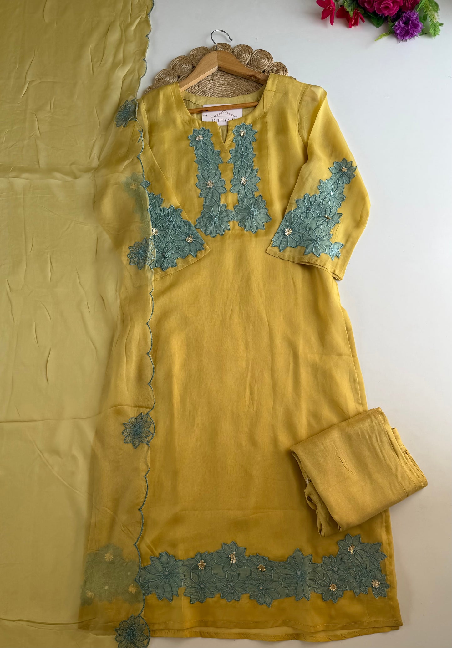 K273 - Viscose organza appliqué work straight Kurti with pants and dupatta