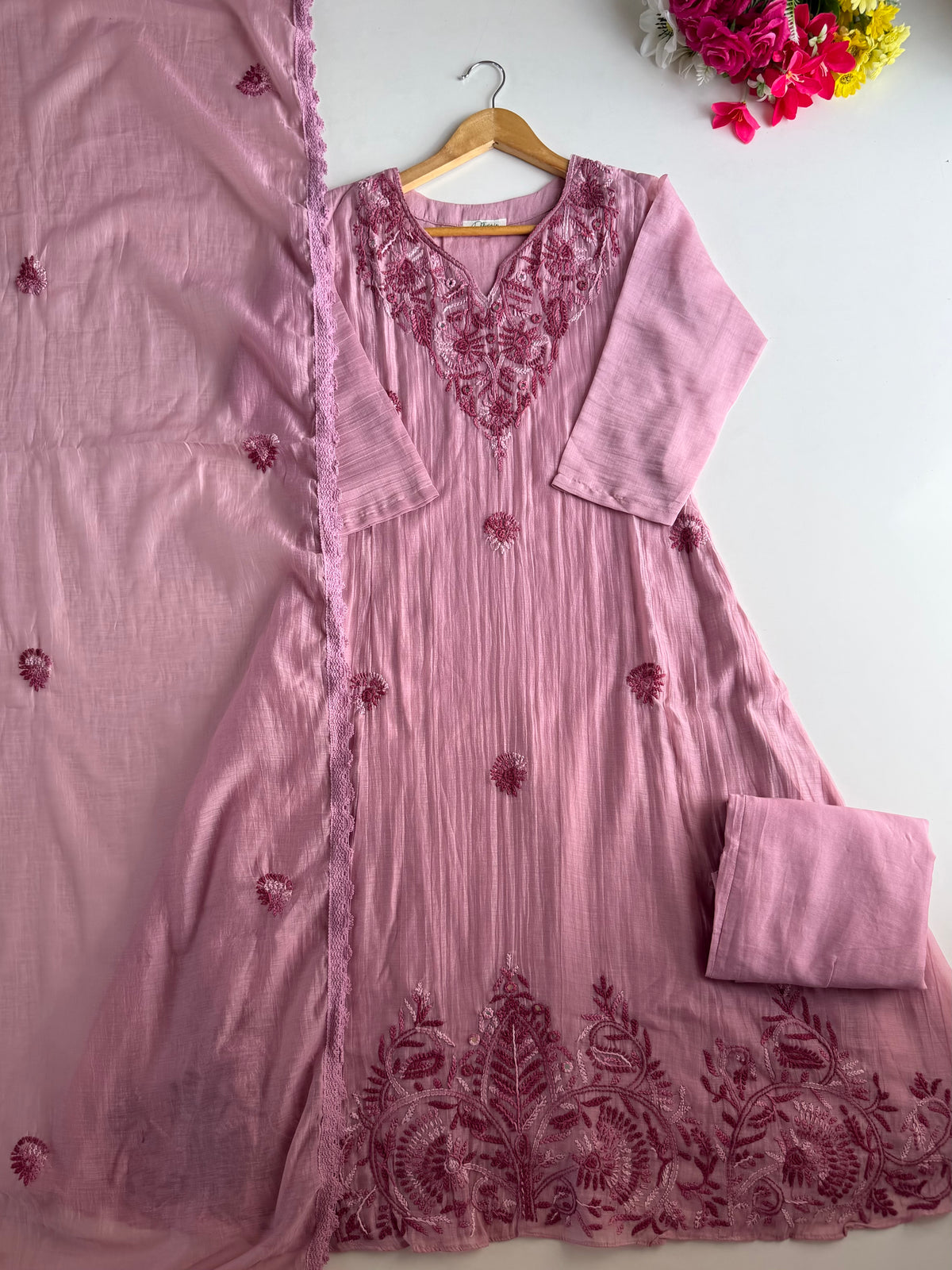 K614 - Mul chanderi embroidered Aline Kurti with pants and dupatta