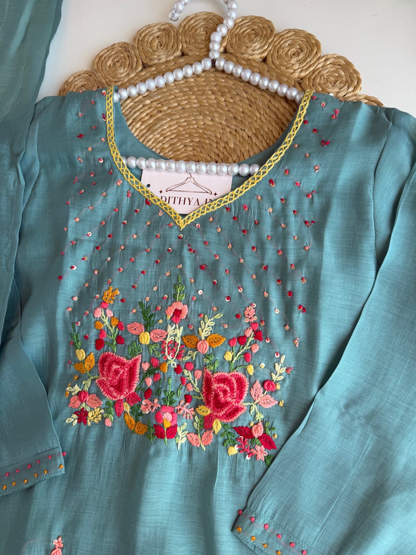 K275 - Surat Mul chanderi embroidered straight Kurti with pants and dupatta