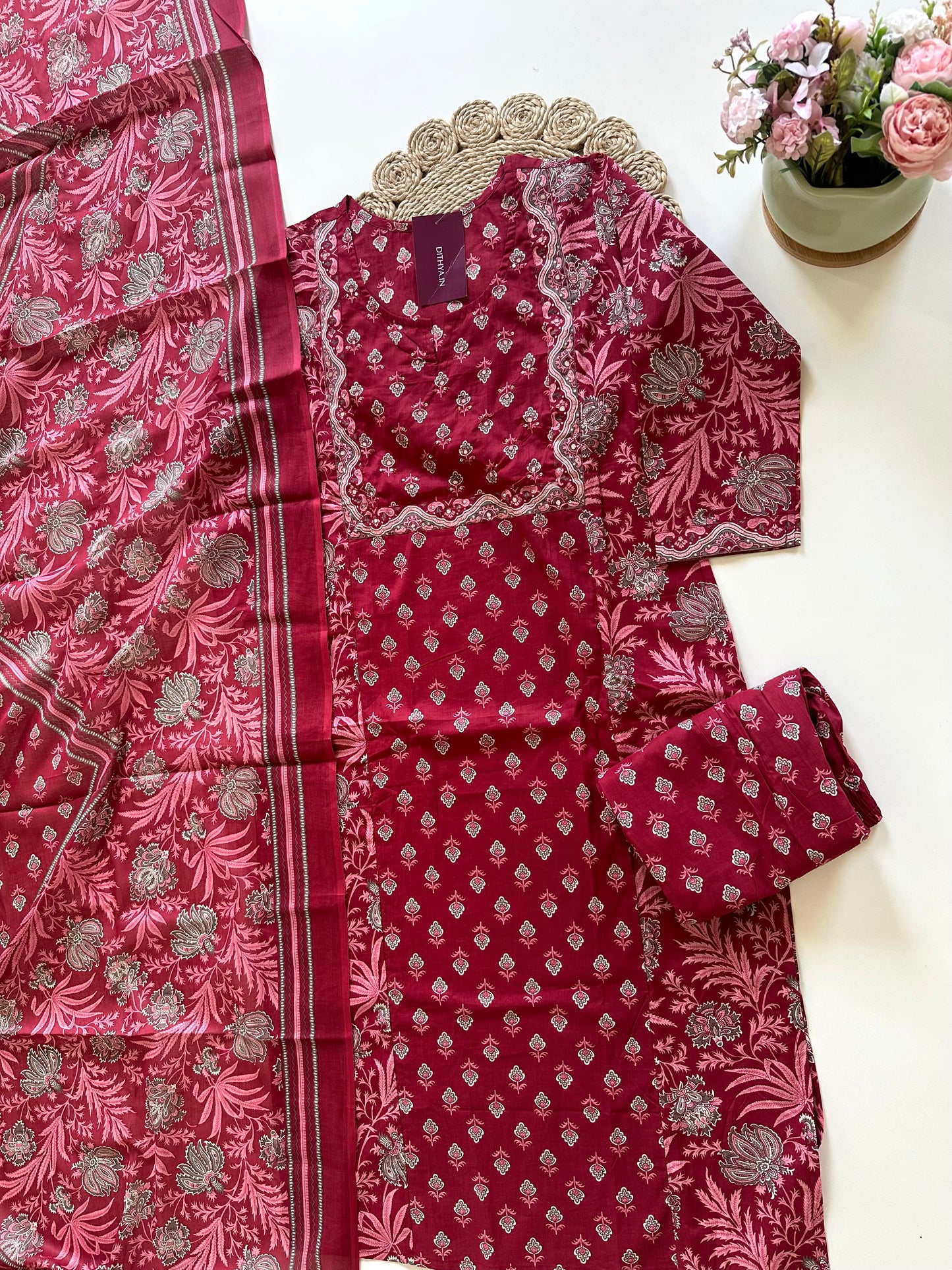 K225 - Cotton printed straight kurti with pants and dupatta in 2 colours.