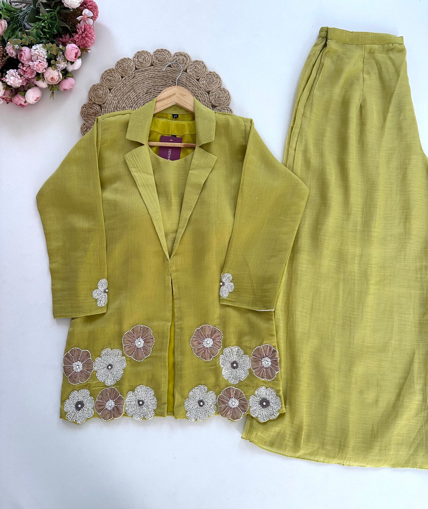 K171 - Mul Chanderi pearl work blazer set with palazzo in 2 colours
