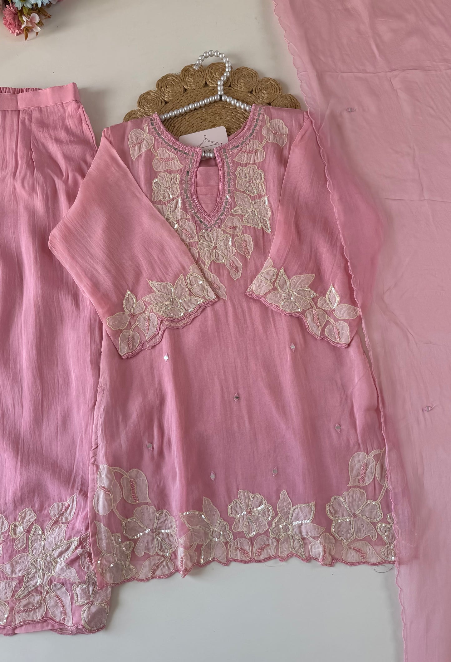 K046 - Viscose organza appliqué handwork short Kurti with divider pants and dupatta