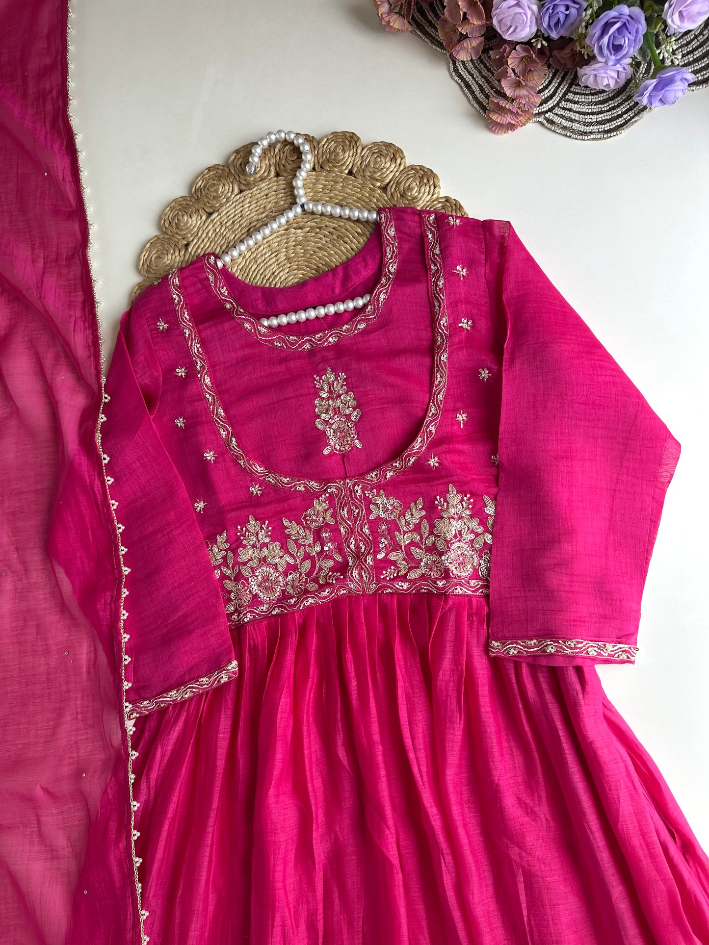 K076 - Mul Chanderi handwork Anarkali with side slit, straight pants and dupatta