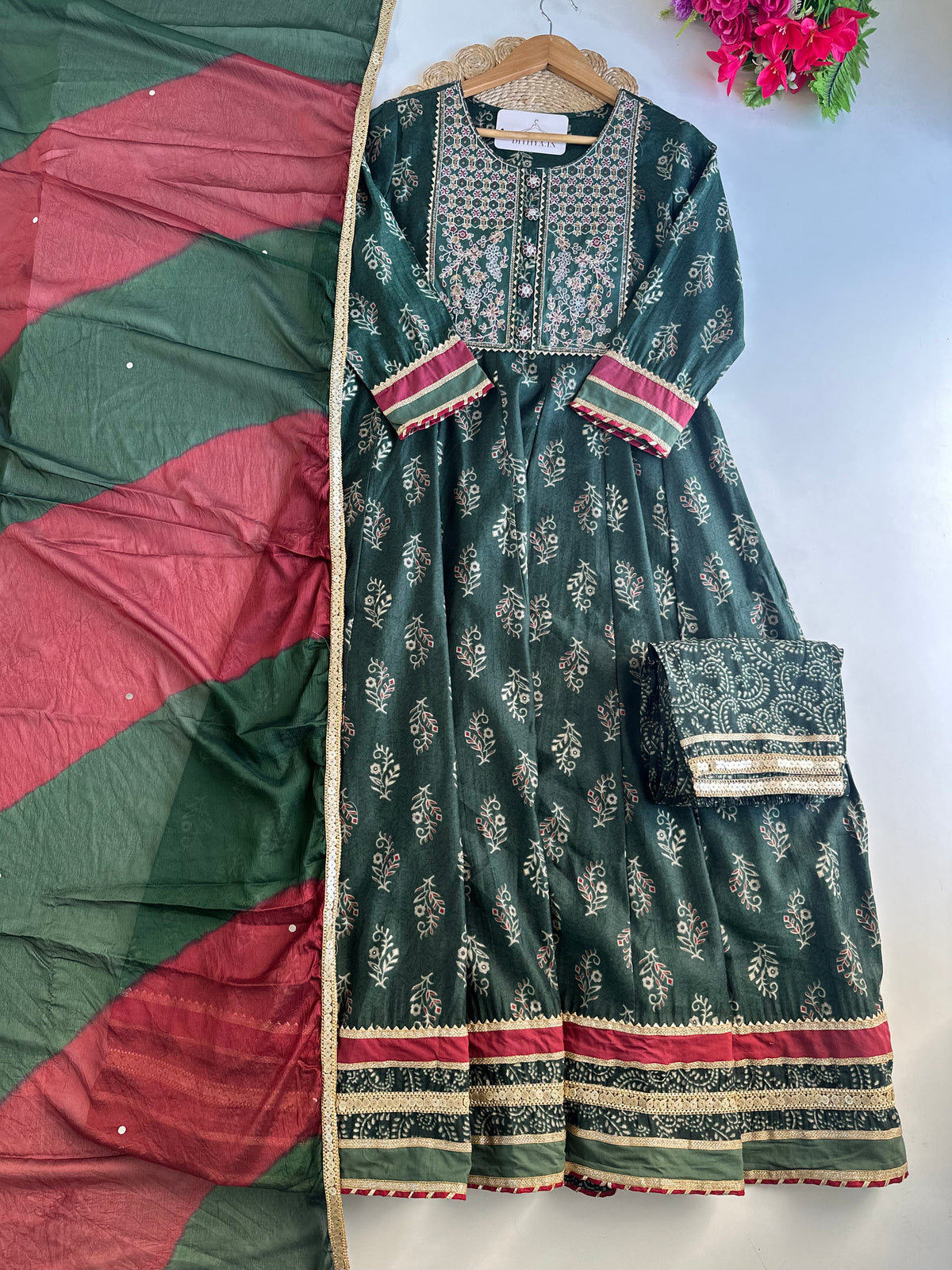 D637-Cotton Anarkali with pants and dupatta