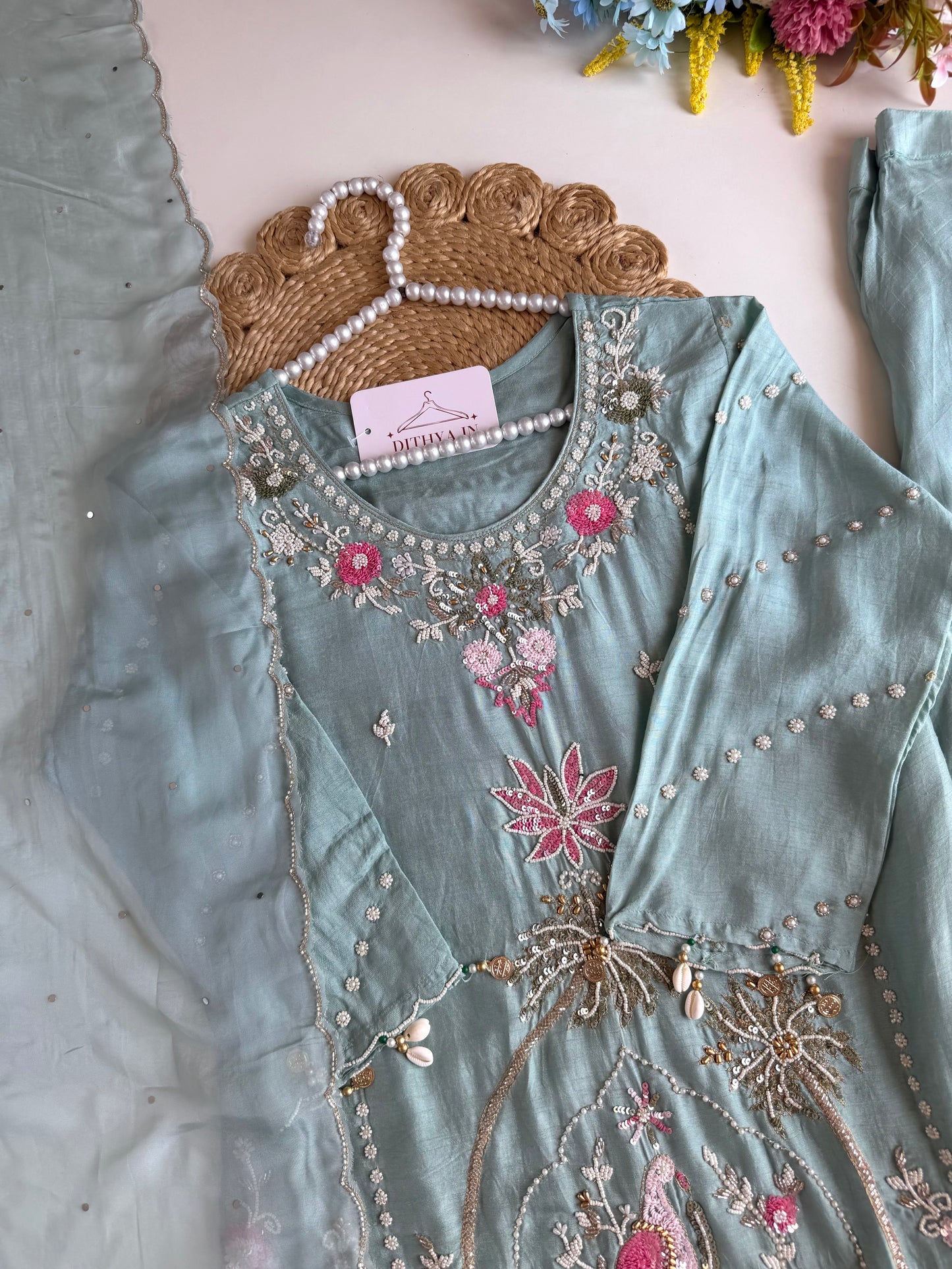 K333 - Russian silk handwork short Kurti with divider pants and dupatta