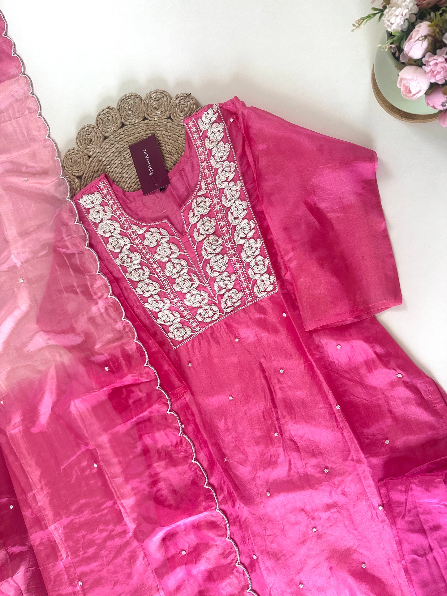 K256 - Tissue silk pearl work straight kurti  with pants and ombre organza dupatta.