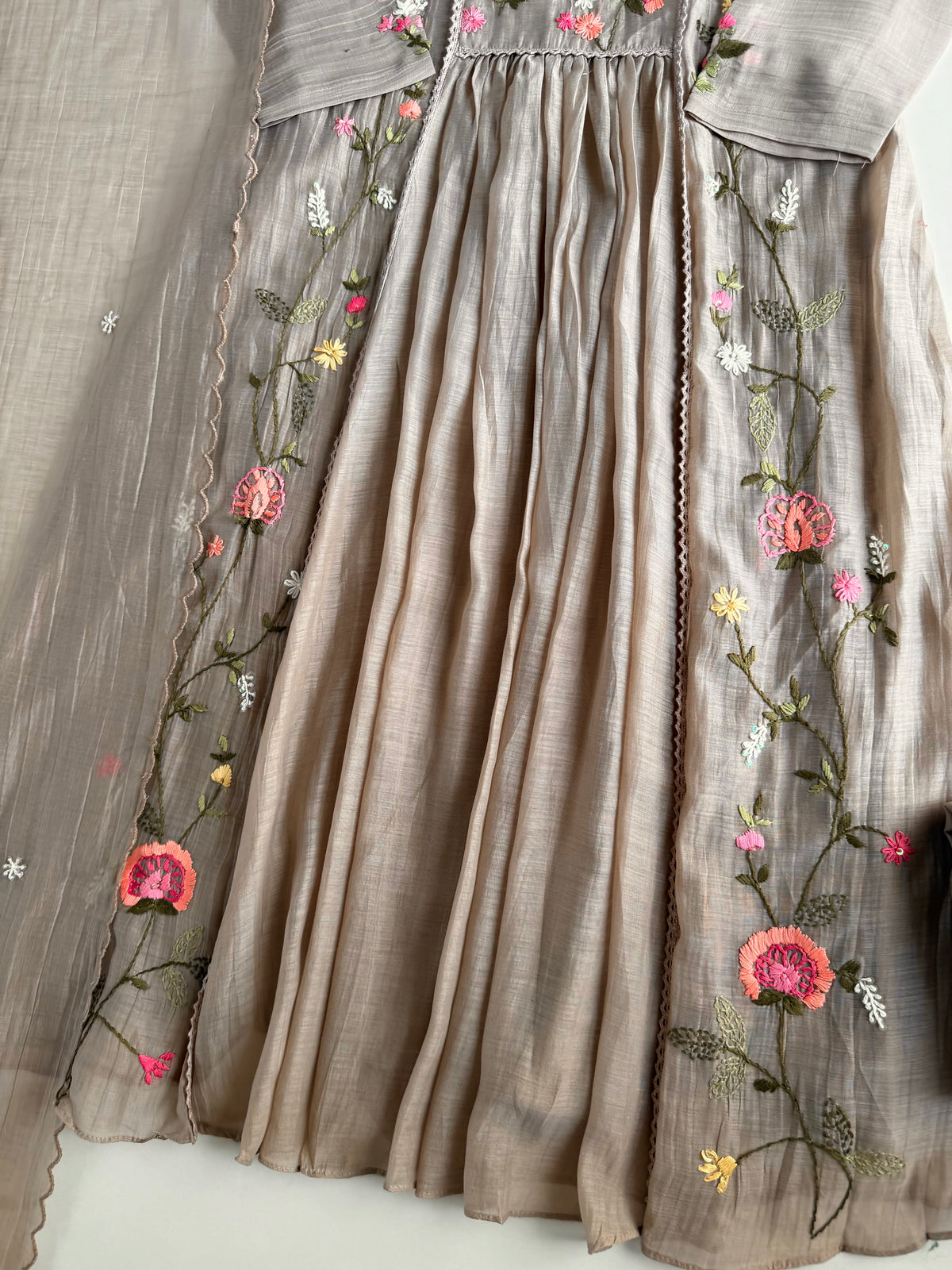 K711 - Mul chanderi embroidered Anarkali with pants and dupatta
