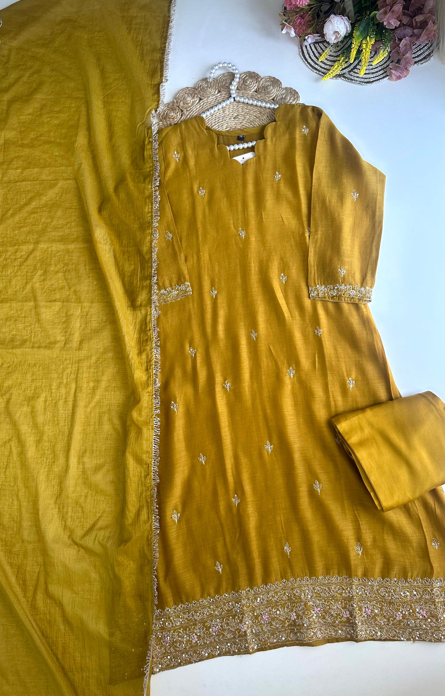 K430 - Mul Chanderi handwork Anarkali with pants and dupatta in 2 colours