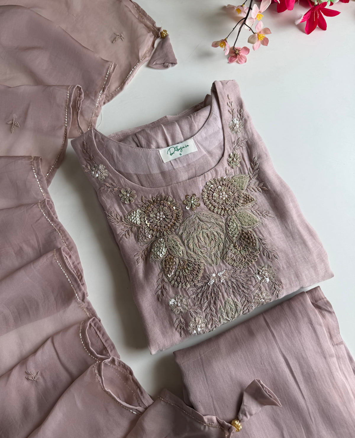 K479 - Mul chanderi handwork aline Kurti with pants and dupatta