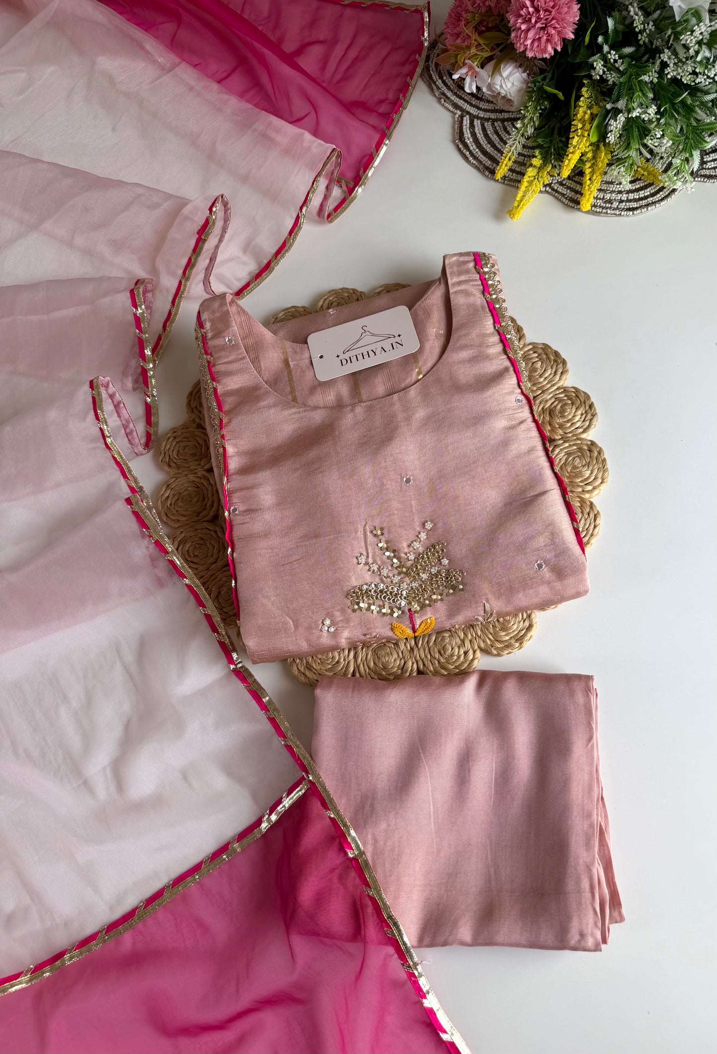 K655 - Tissue silk handwork Anarkali with pants and dupatta