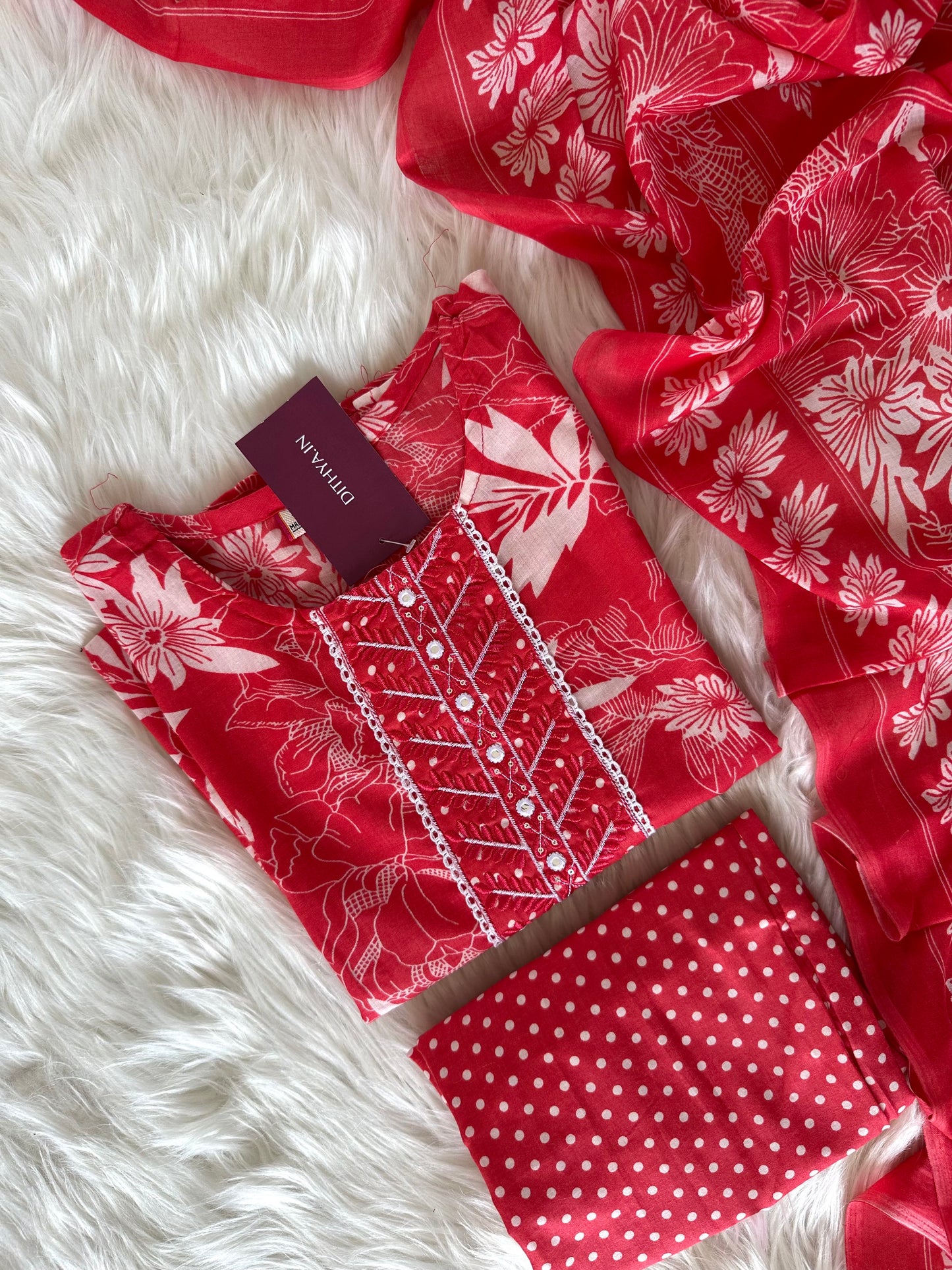 K385 - Cotton printed straight Kurti with pants and dupatta in 2 colours