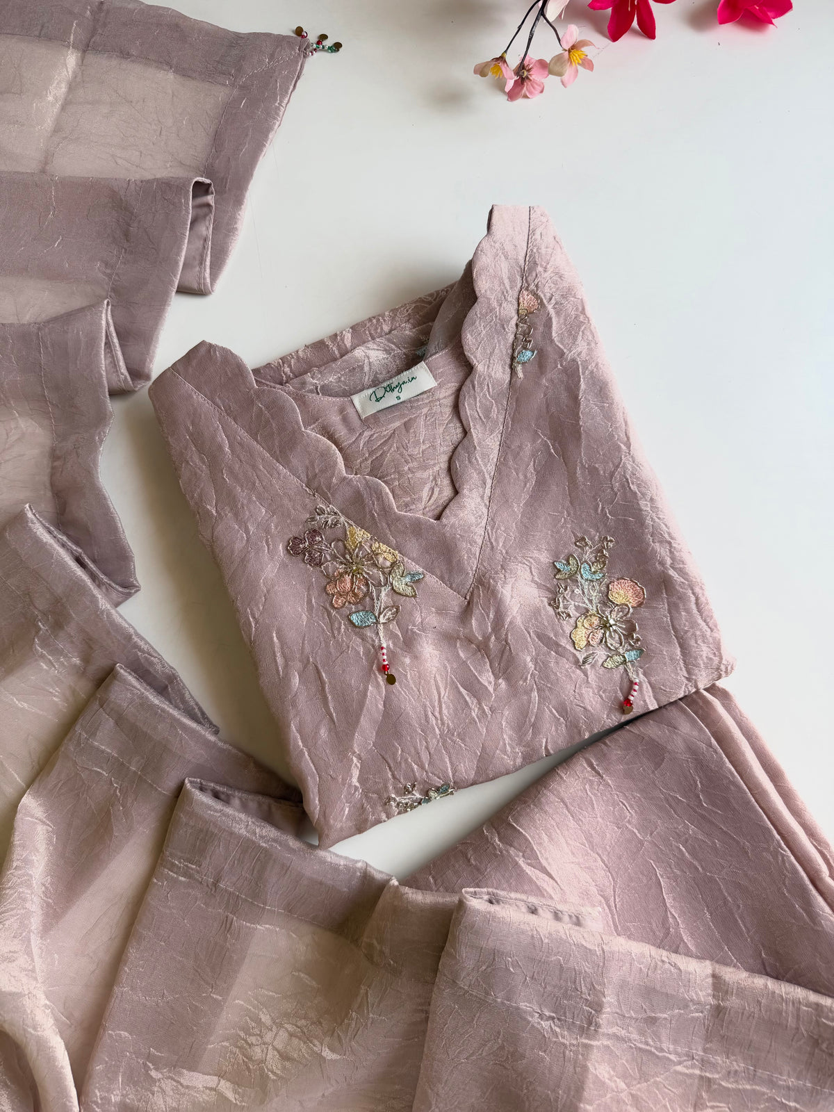K507 - Crush tissue floral embroidered Aline Kurti with pants and dupatta