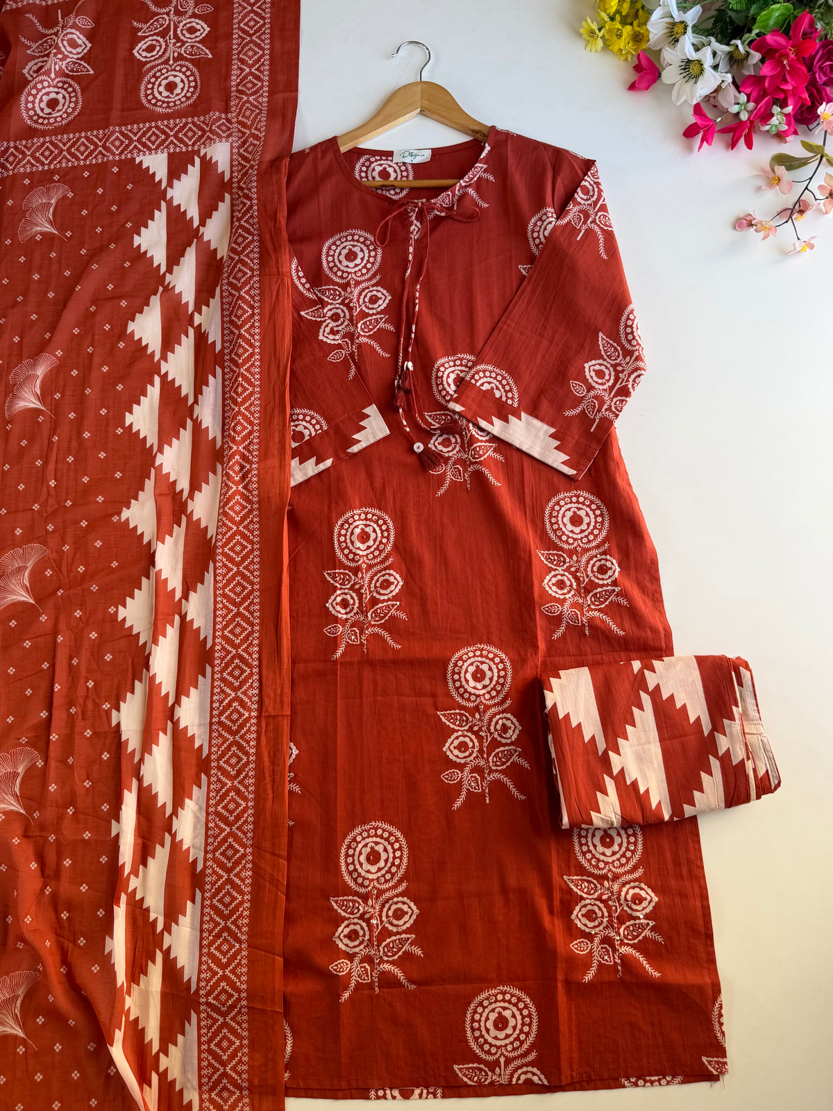 K056 - Mul cotton embroidered straight Kurti with pants and dupatta