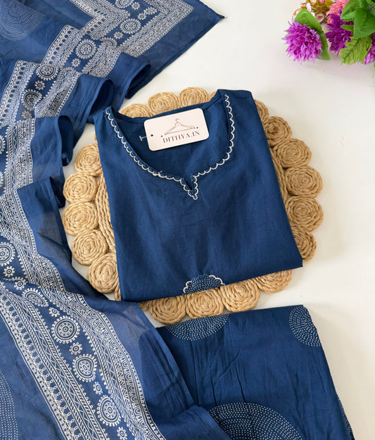 K278 - Mul cotton embroidered Aline Kurti with pants and dupatta