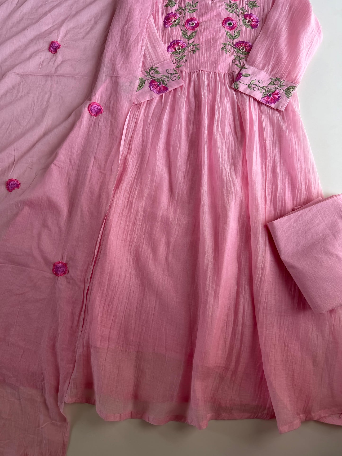 K237 - Mulmul cotton embroidered Anarkali with pants and dupatta in 2 colours