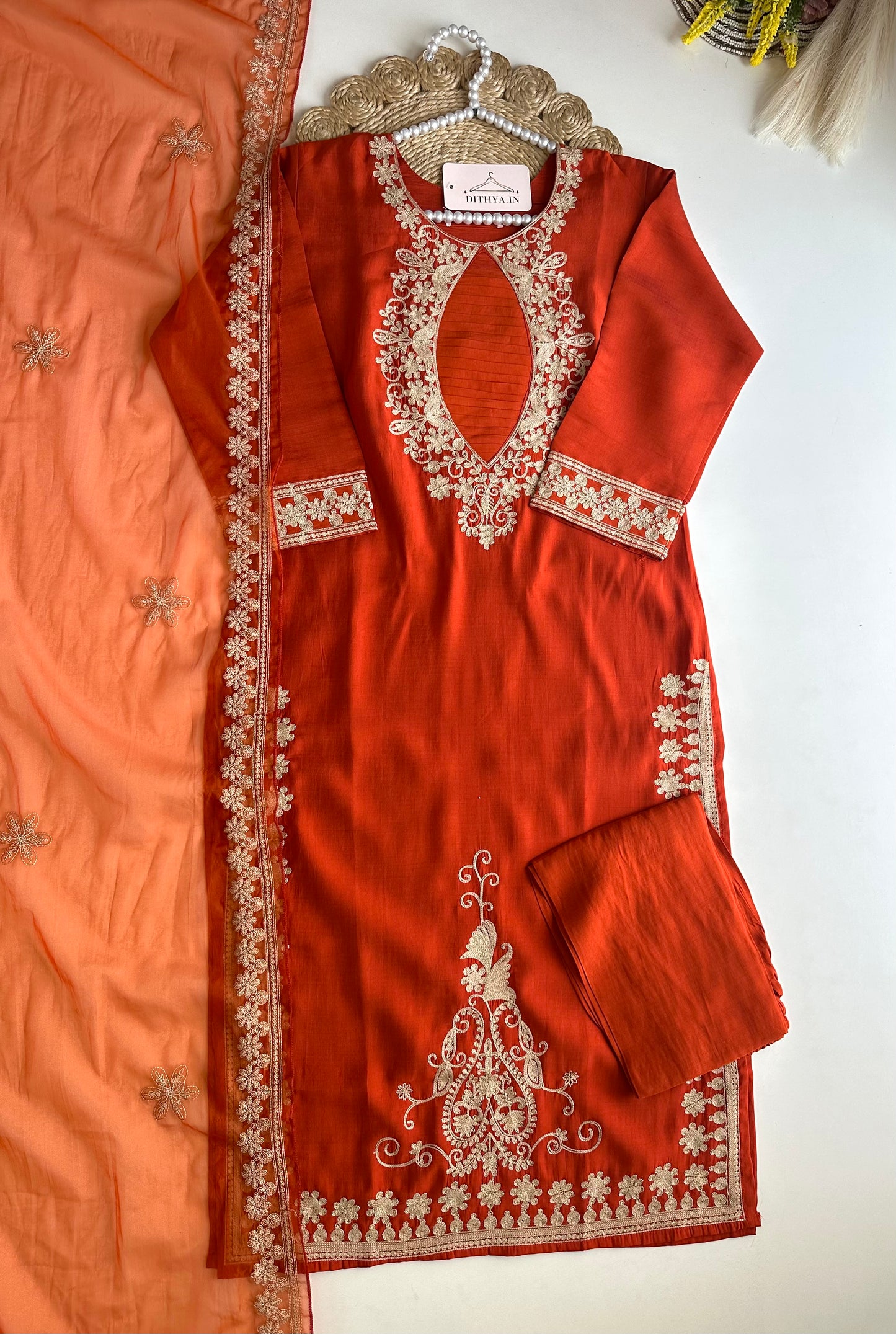 K494 - Roman silk embroidered straight Kurti with pants and dupatta